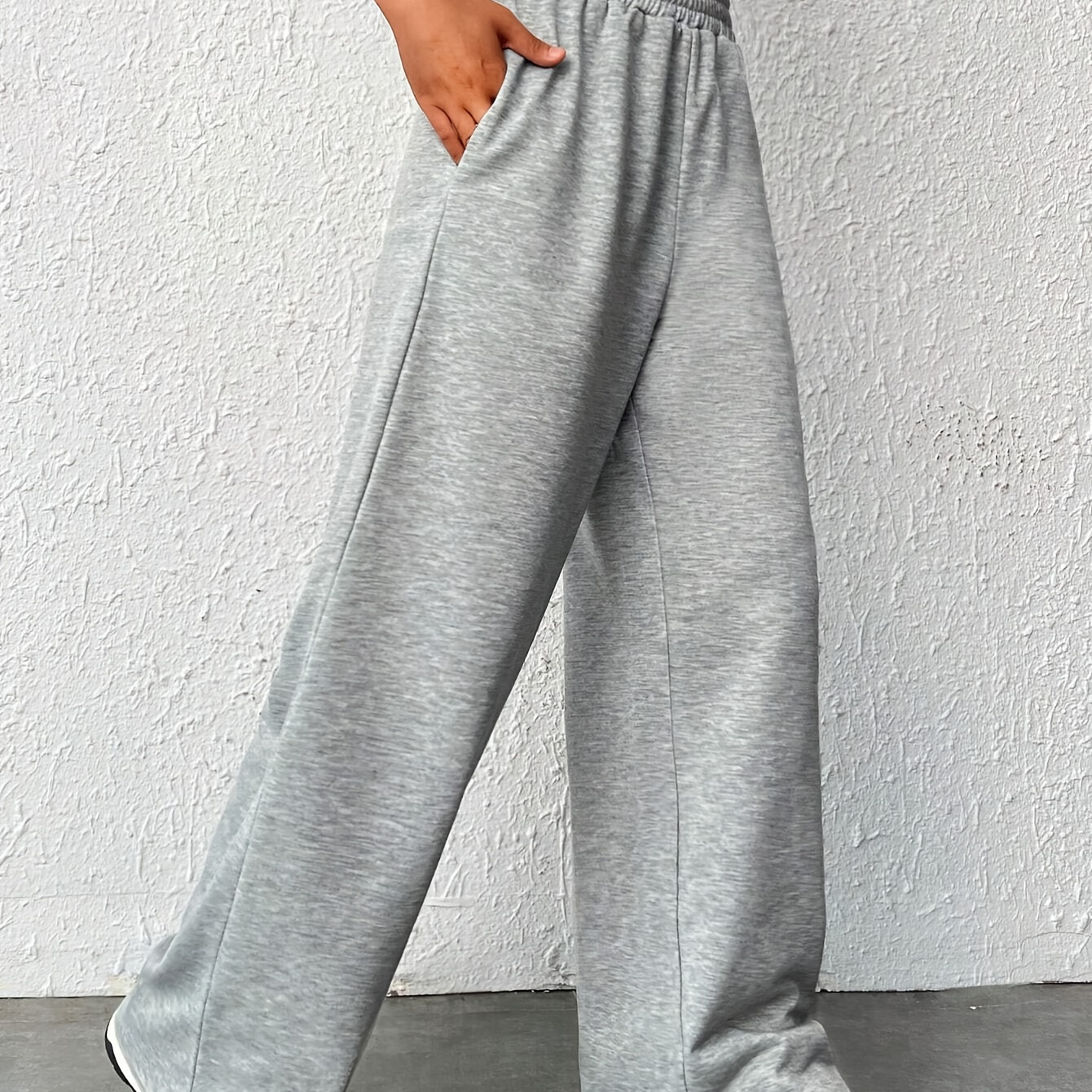 

Solid Color Slant Pockets Wide Leg Sweatpants, Casual Daily Wear Workout Pants For Spring & Fall, Women's Clothing