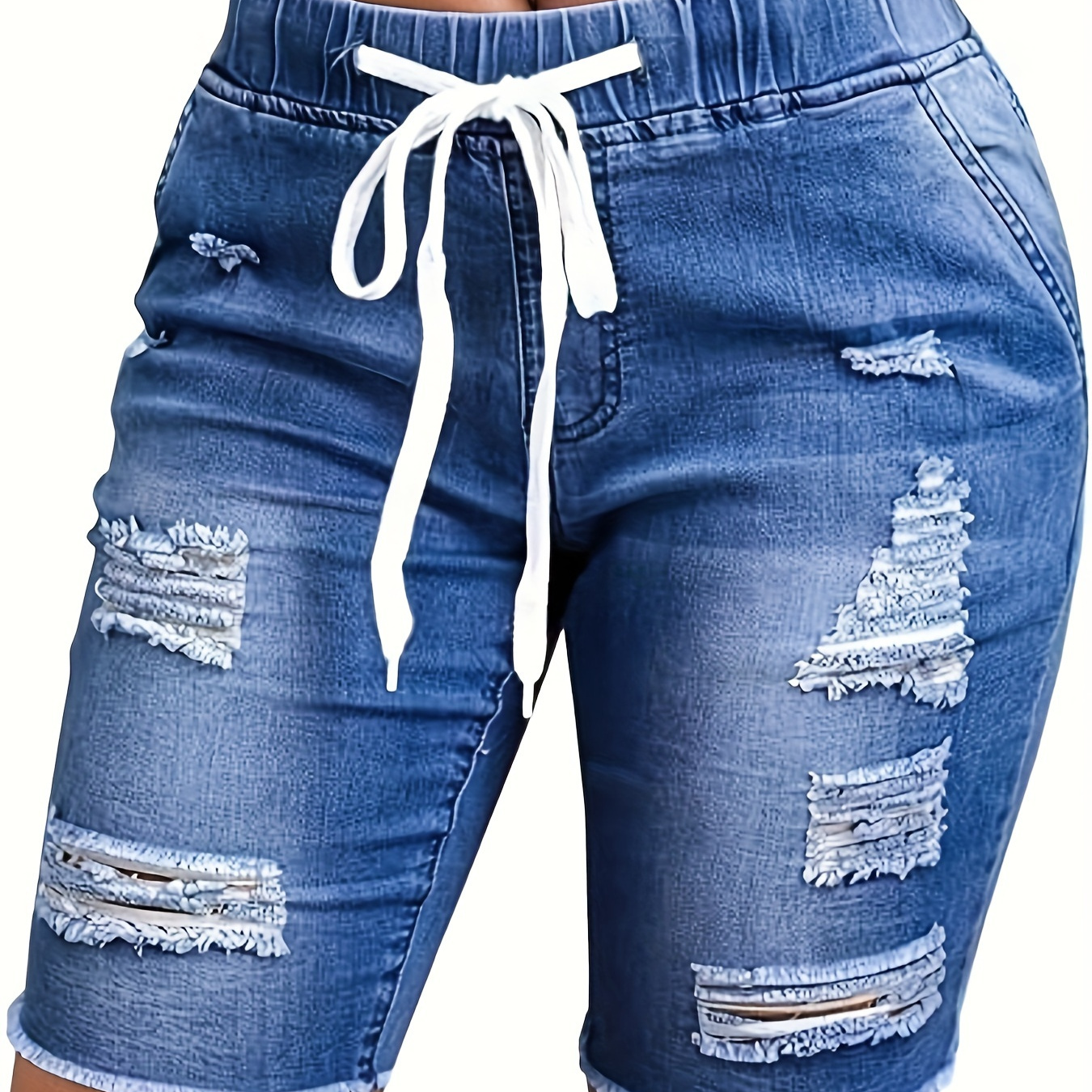 

Women's Fashion Ripped Elastic Waist Denim Bermuda Shorts, Casual Style, Stretchable Mid-length Jeans With Drawstring