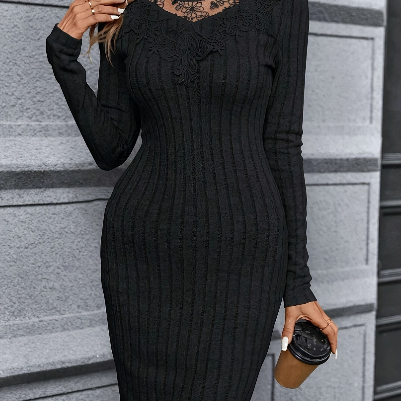 

Lace Splicing Ribbed Dress, Casual Long Sleeve Sheath Dress For Spring & Fall, Women's Clothing