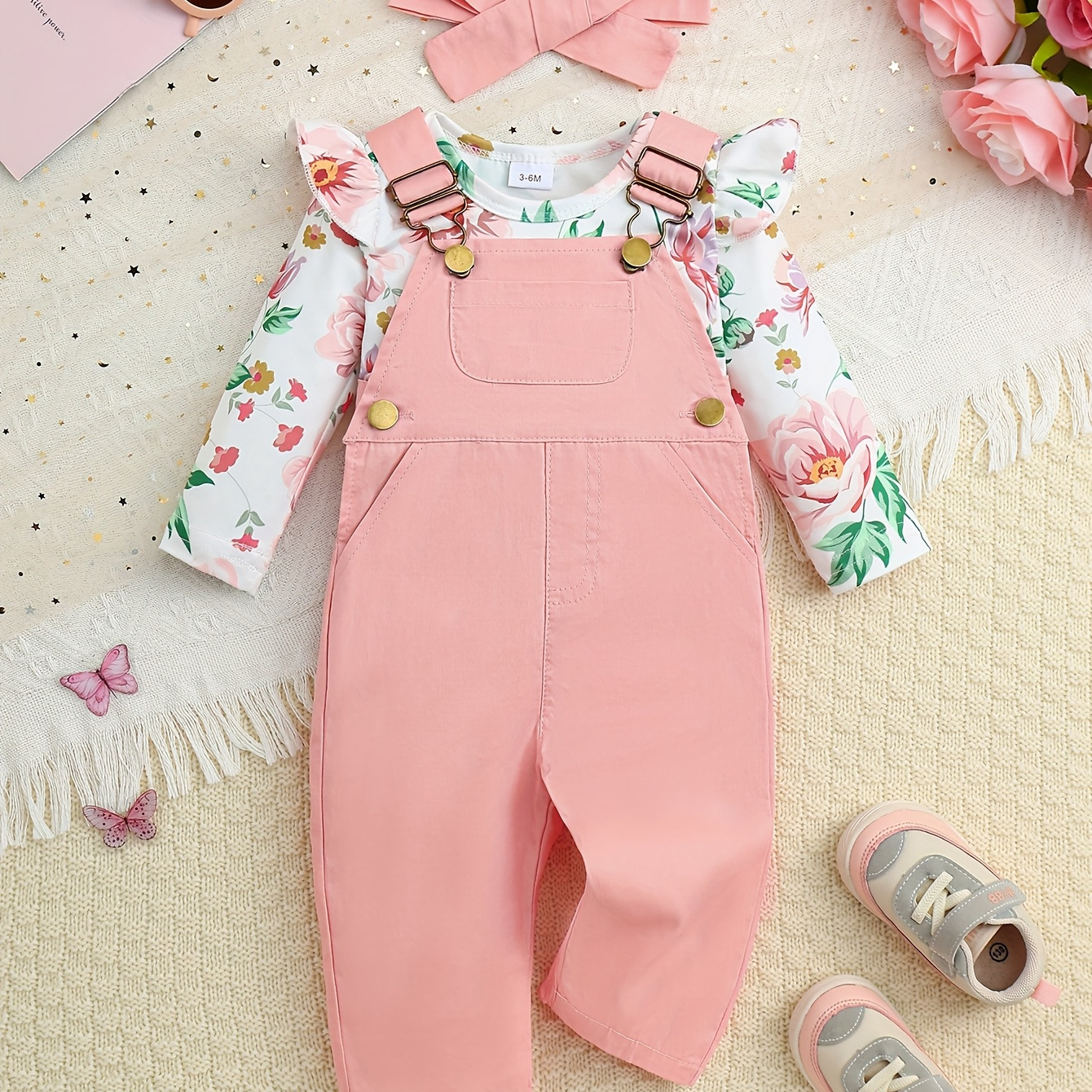 

3pcs Baby Girl's Floral Print Long Sleeve Ruffle Jumpsuit, Cotton Overalls, Solid Color Trousers, And Matching Headband Set, With Button , For Spring/fall, For Outdoor