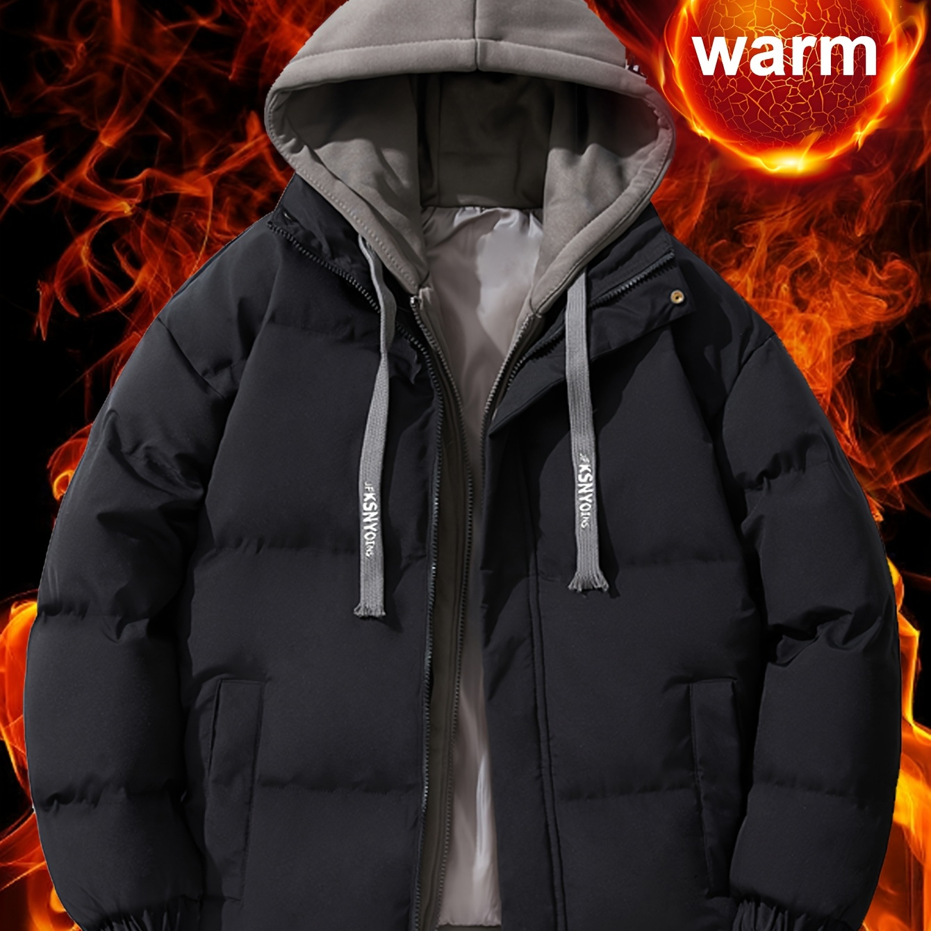 

Men' Casual Hooded Puffer Jacket, Polyester Fleece Lined Winter Coat, Regular Fit, With Design, Zipper Closure, And Long Sleeves, For Weekend Casual Streetwear,