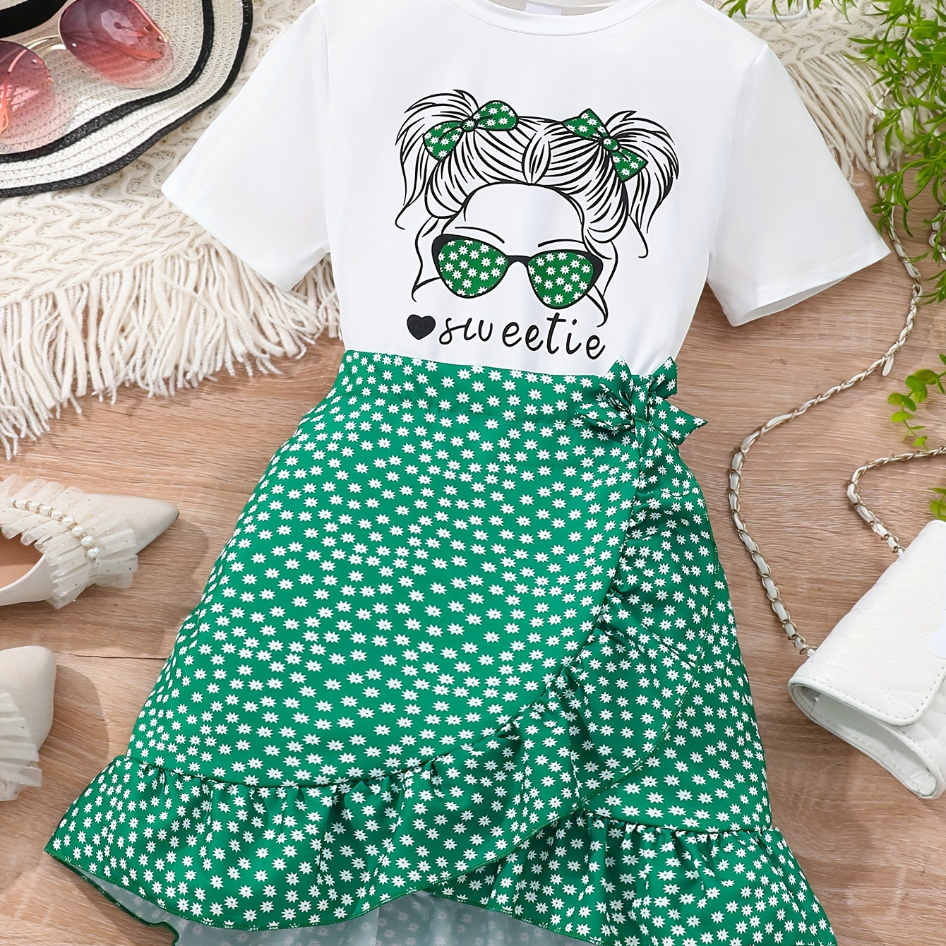 

Casual Portrait Print Girl's Outfit, Graphic T-shirt Top & Dots Ruffle Skirt Set Party Street Everyday Summer Clothes