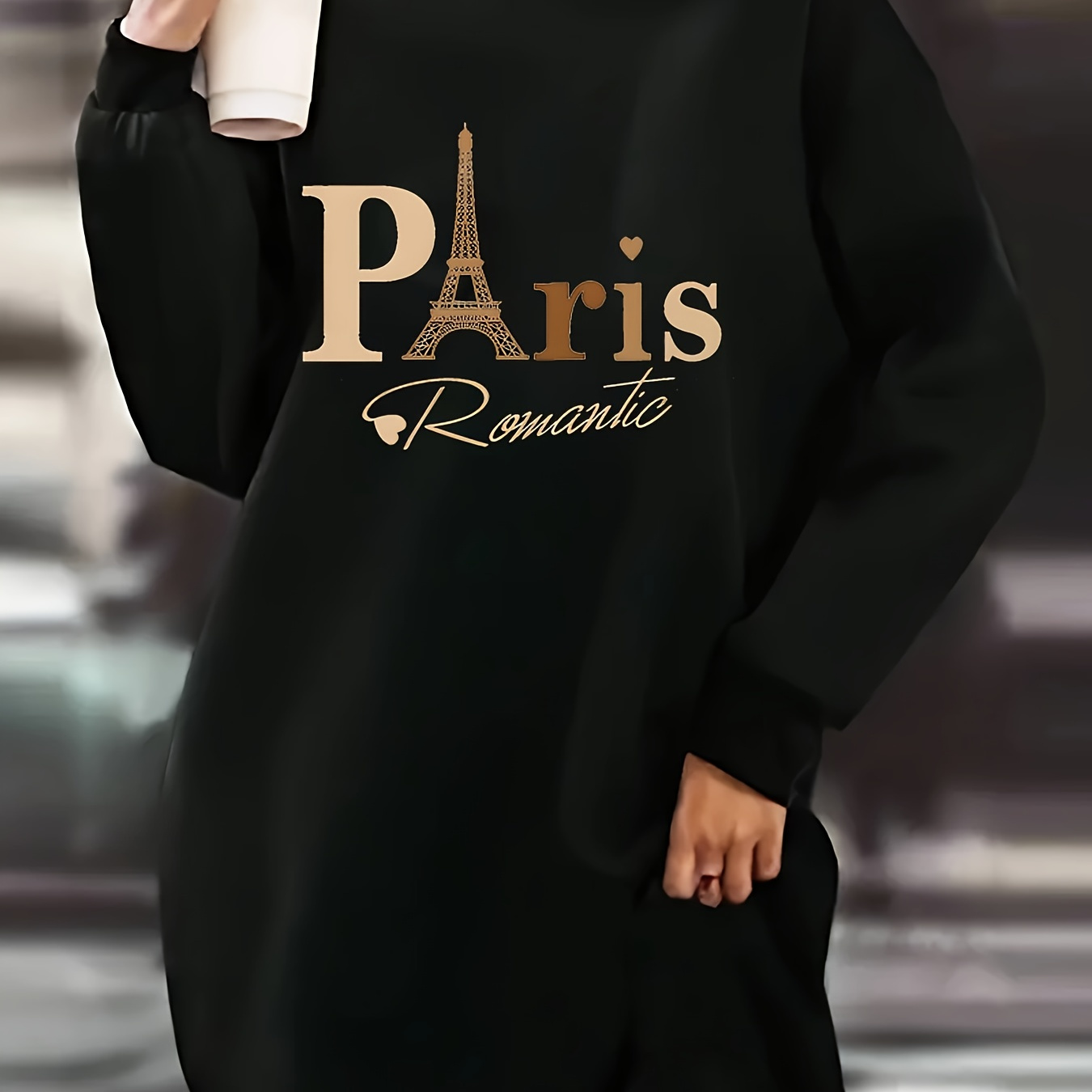 

1pc Women's Casual Long Sleeve Fleece Sweatshirt Dress With Paris Print, Round Neck, Loose Fit, Medium Length, Polyester Knit Fabric, All