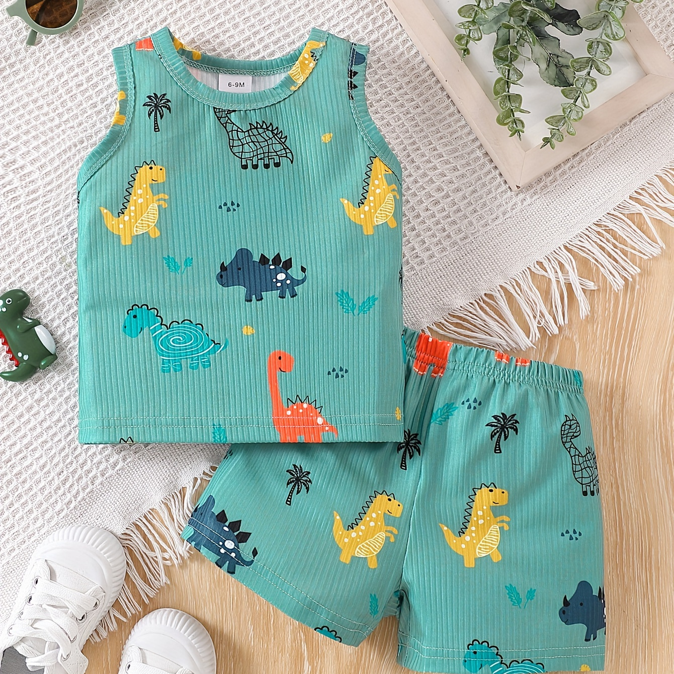 TEMU Baby Boys 2-piece Set Dinosaur Print, Casual Style Sleeveless Tank Top With Shorts, Ribbed Texture Summer Clothing