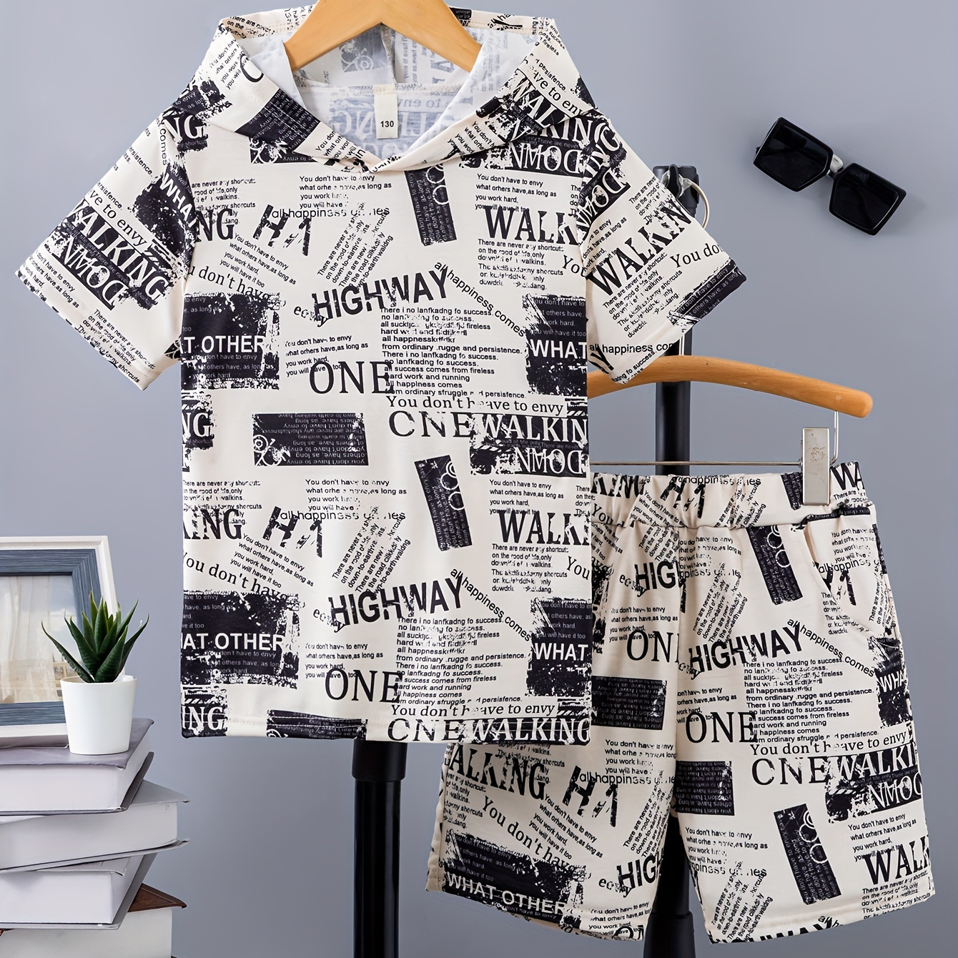 

2pcs Boys Street Style Slogan Graphic Print Short Sleeve Hooded T-shirt & Shorts Set, Comfy Summer Boys Clothes