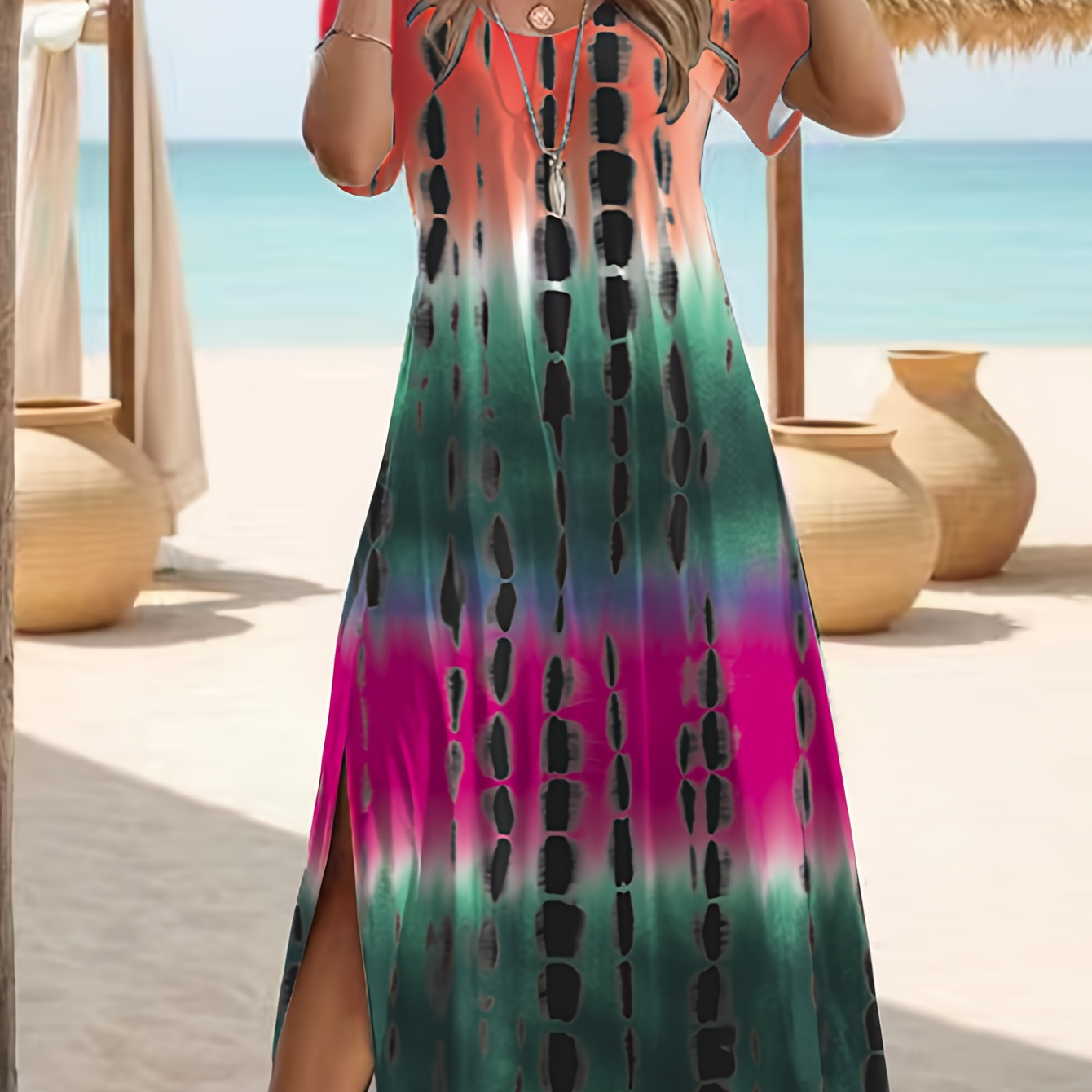 

Tie Dye Crew Neck Dress, Vacation Style Short Sleeve Split Hem A-line Dress For Spring & Summer, Women's Clothing