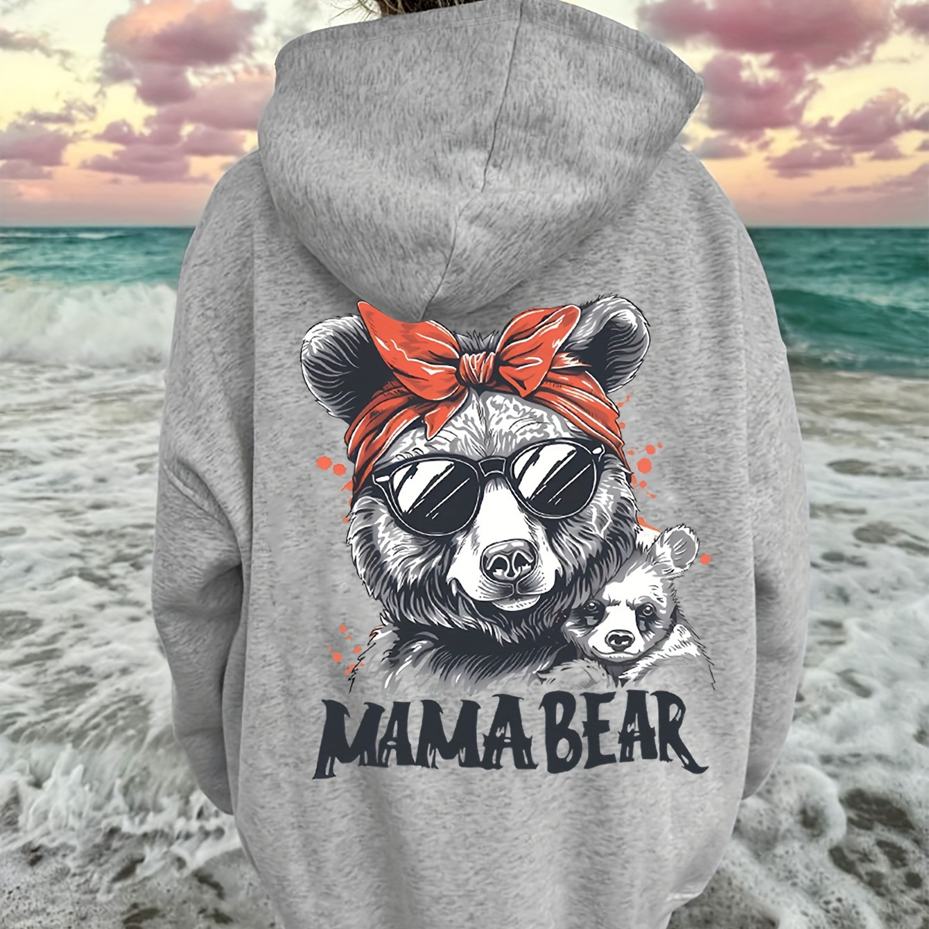 

Festive Mama Bear Hoodie: Soft, Stretchy Polyester With Animal Print And Pockets - Perfect For Fall/ Days