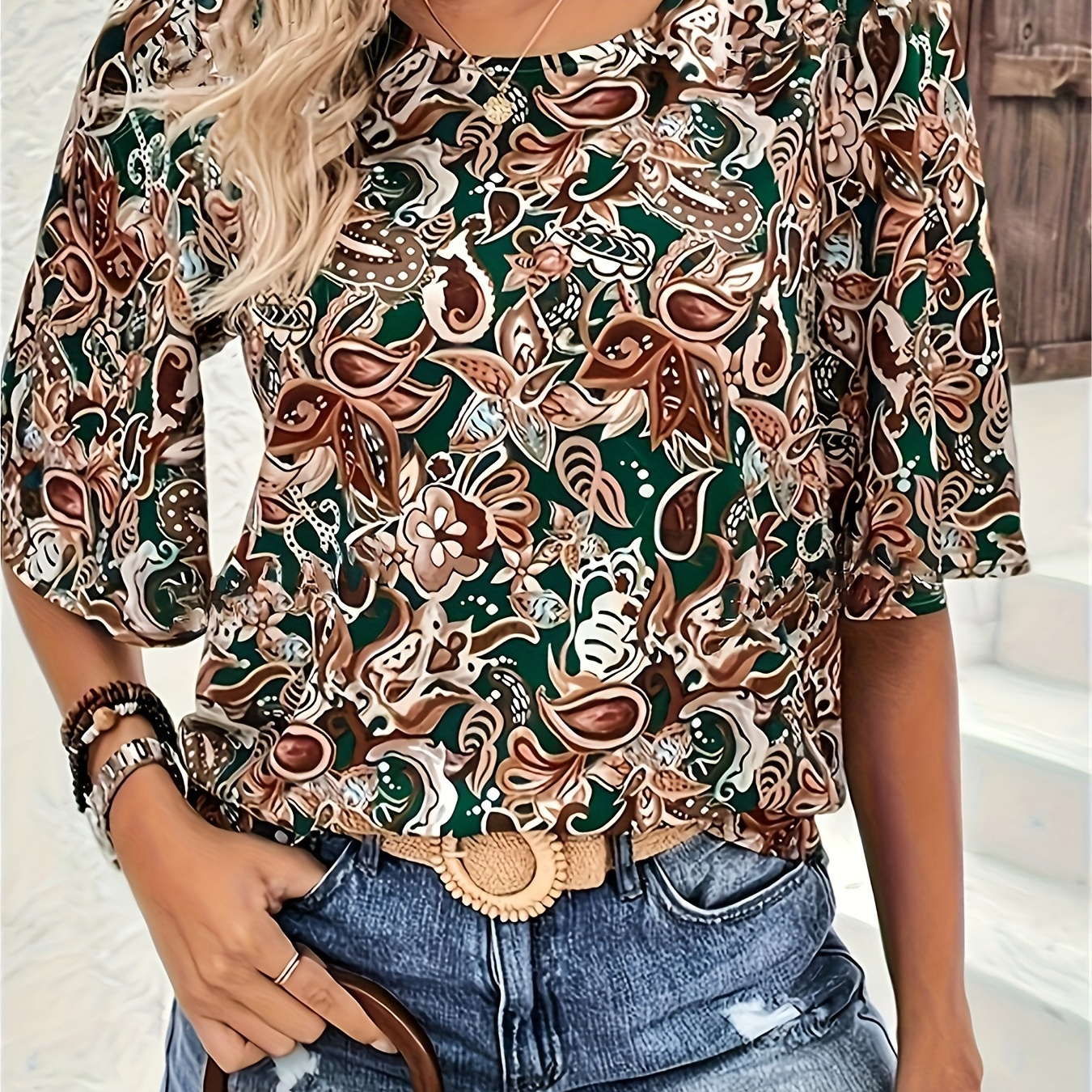 

Women's Elegant Paisley Print Round Neck Blouse - Lightweight Polyester, Machine Washable, Vibrant For Spring/summer Fashion, Casual Wear Blouse| Sleeve Design| Sleeves