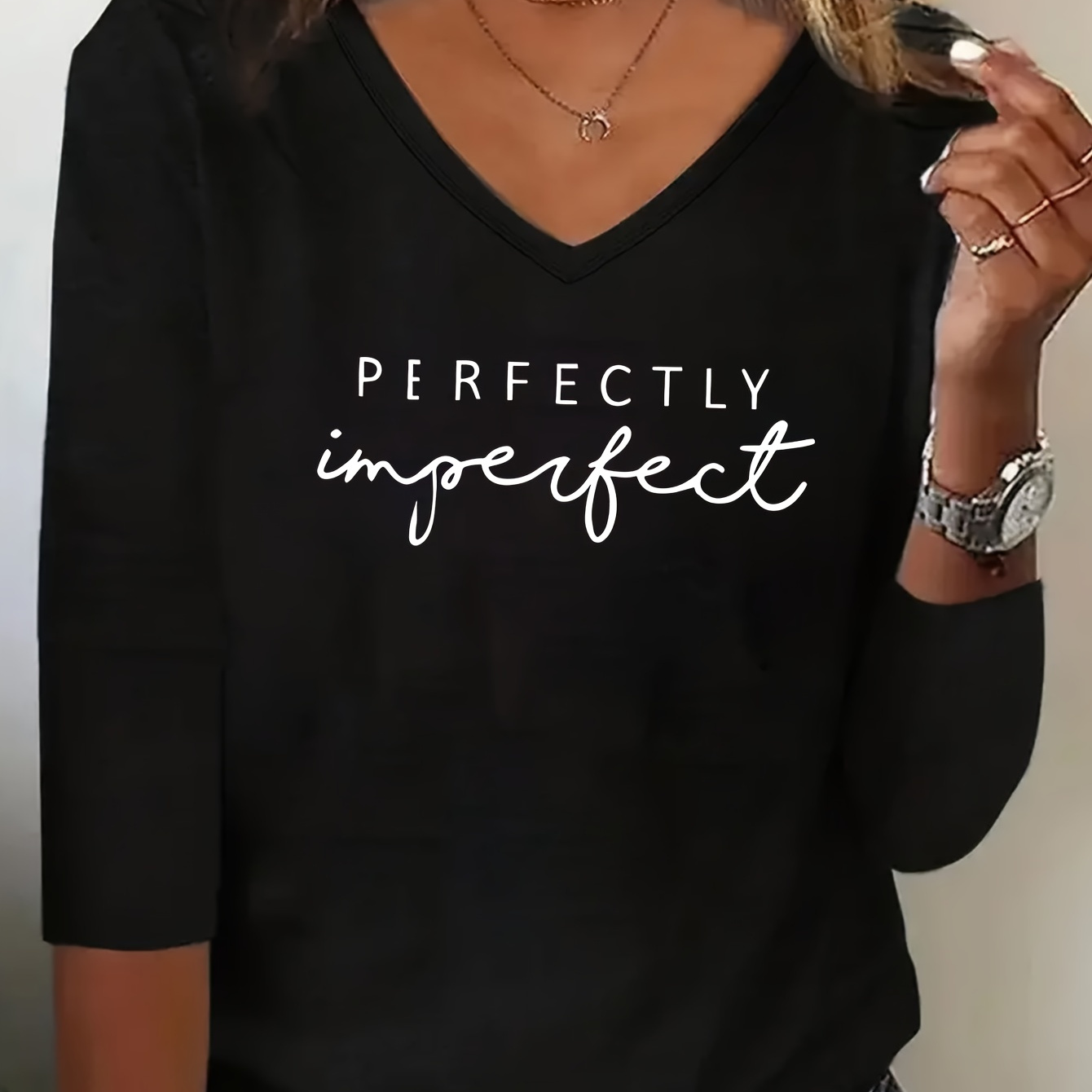 

Women's Casual V-neck Long Sleeve T-shirt With "" Lettering, Polyester Knit Fabric, Regular Fit For Spring/fall Season