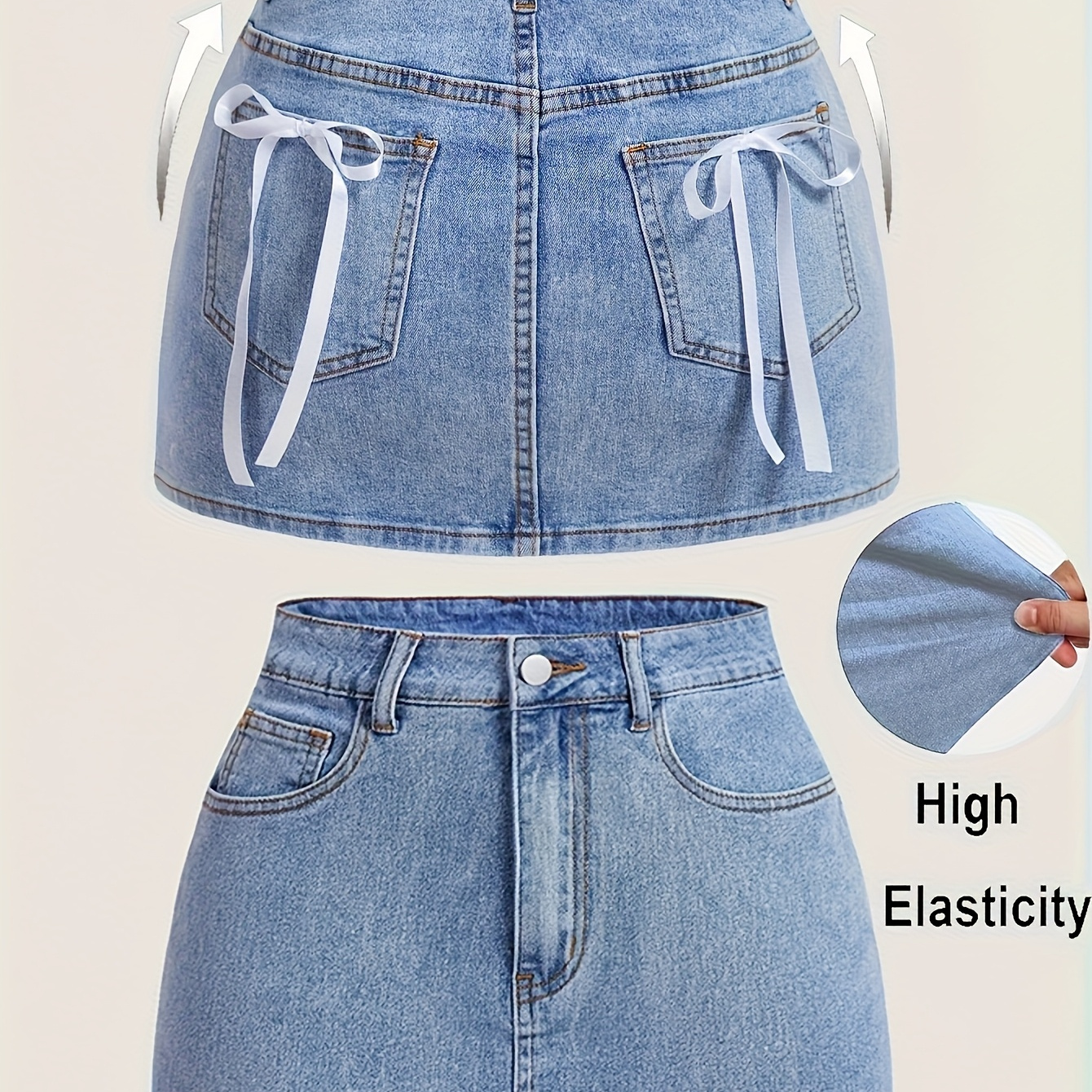 Casual Ribbon Bow Women'S Stretch Denim Short Skirt