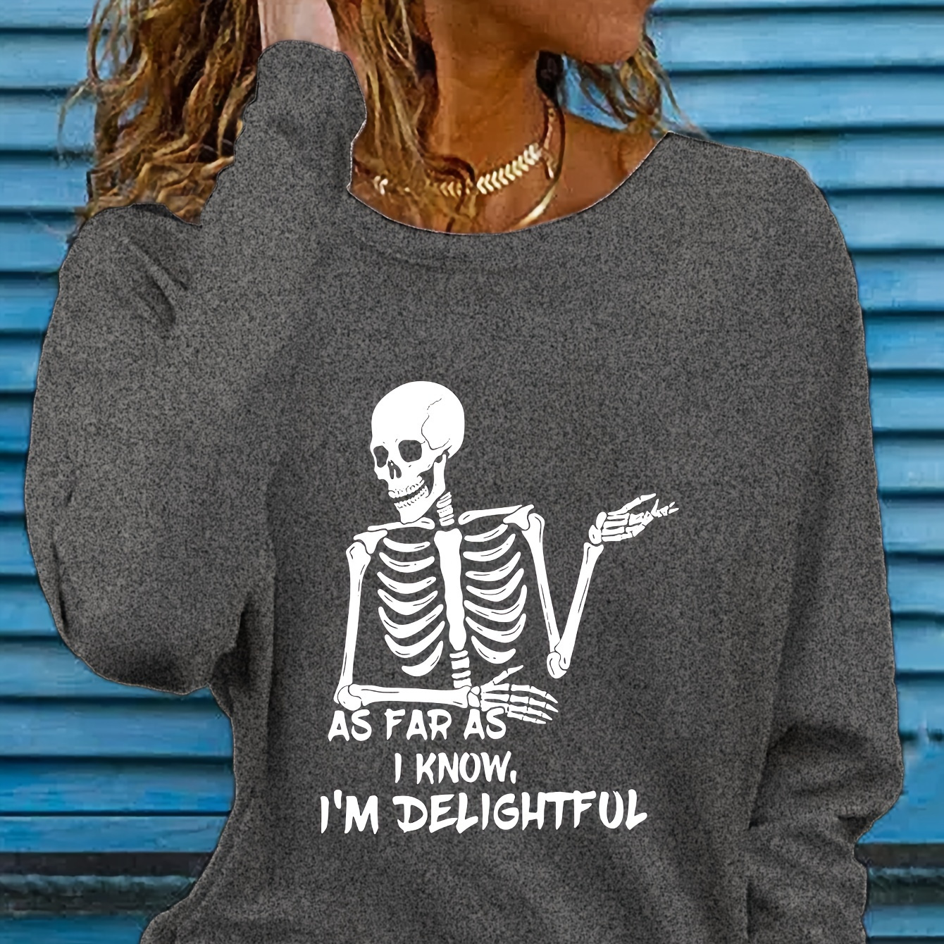 

Skull Print T-shirt, Long Sleeve Crew Neck Casual Top For Spring & Fall, Women's Clothing