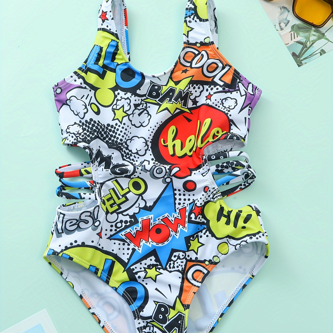 

Trendy Girls Graffiti Print 1-piece Swimwear Bathing Suit Summer Beach Gift