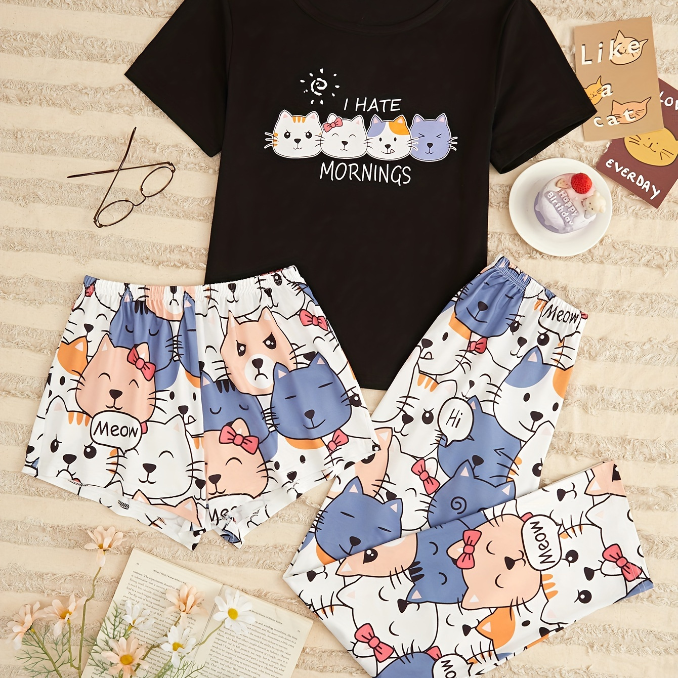 

Cute Cat & Slogan Print Pajama Set, Short Sleeve Crew Neck Top & Shorts & Pants, Women's Sleepwear & Loungewear