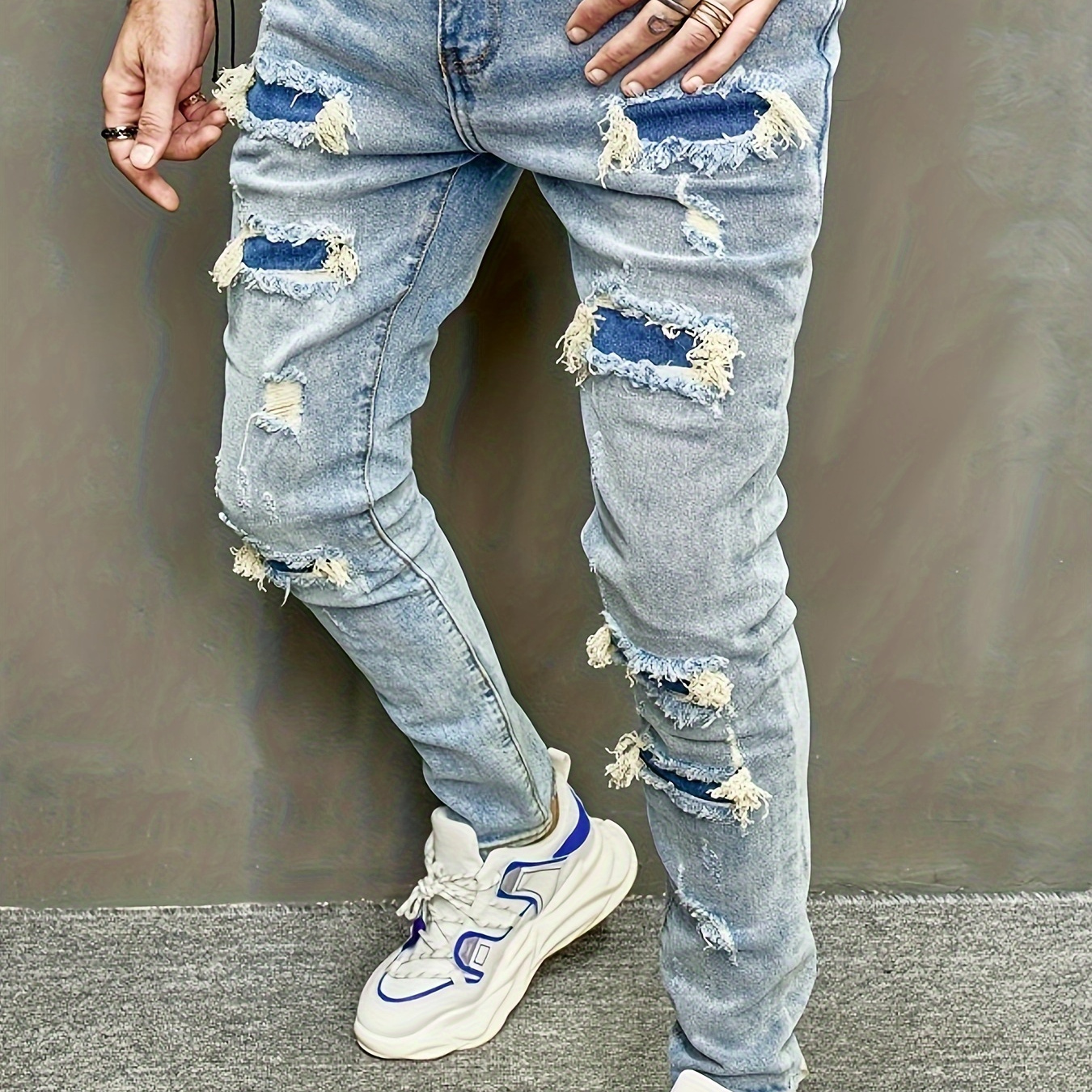 

American Men's Patchwork Ripped Jeans Slim Fit Fashionable Small Feet Casual Pants Trend