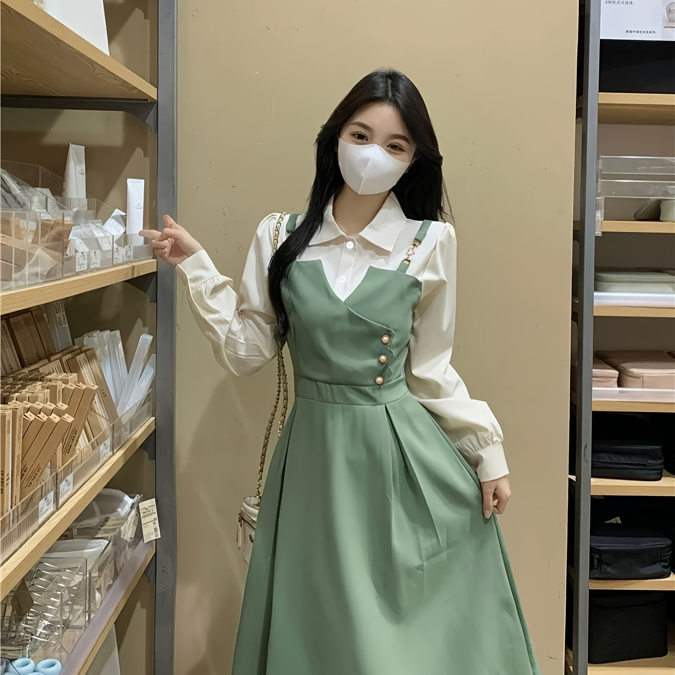 

2 In 1 Button Front Long Sleeve Dress, Stylish Lapel Pleated A-line Shirt Dress, Women's Clothing