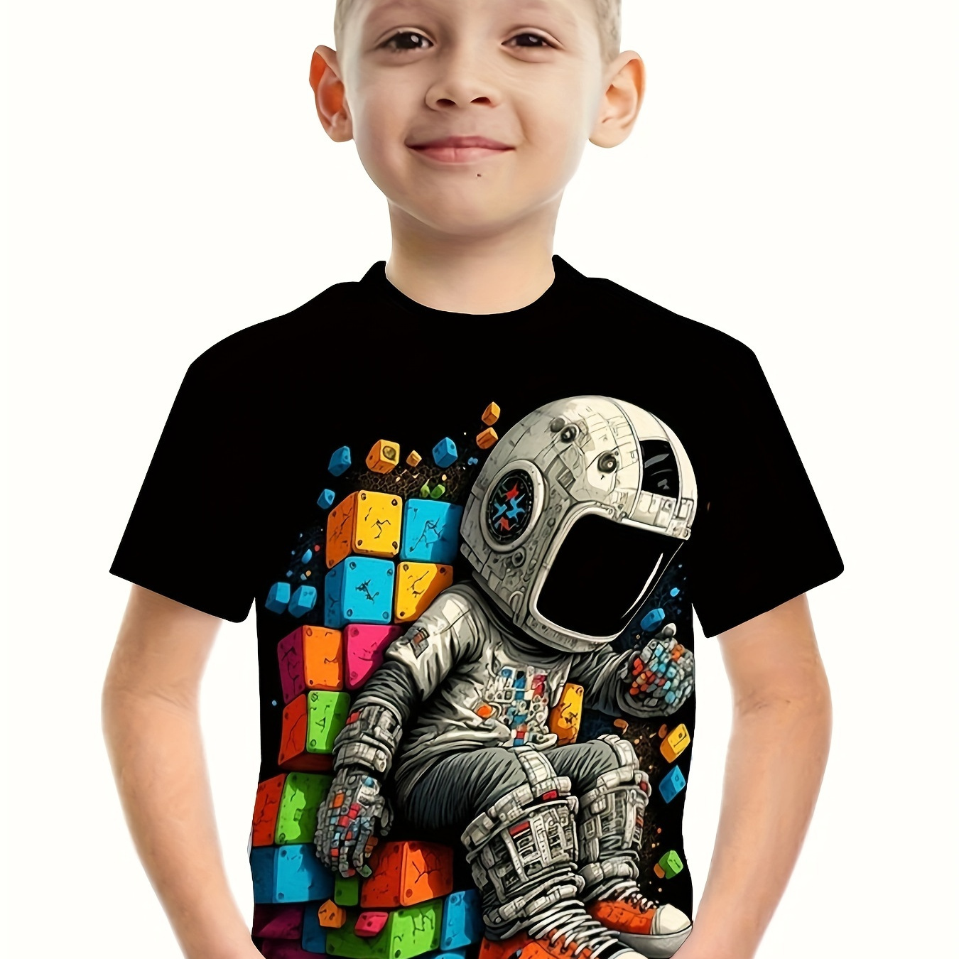

Astronaut Print Boys Creative T-shirt, Casual Lightweight And Comfortable Short Sleeve Top, Summer Kids Outgoing Clothes