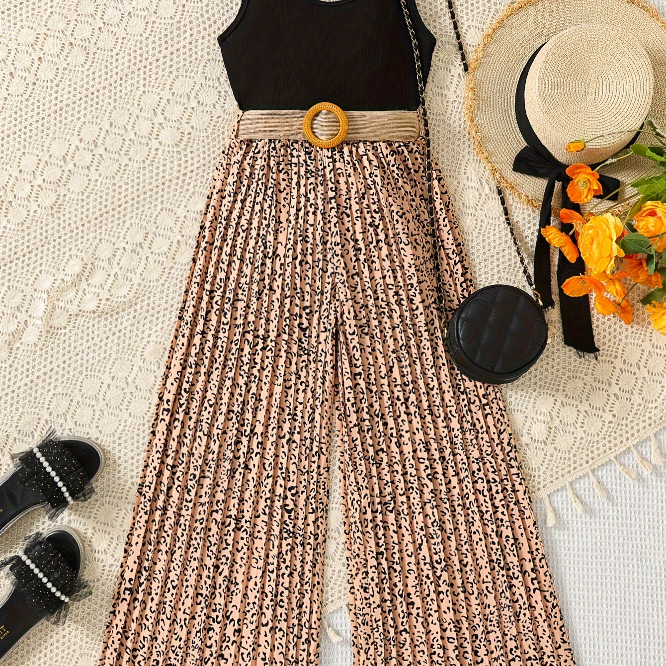

Girls Stylish 2pcs Leopard Pleated High-rise Trousers + Ribbed Halter Top With Belt, Beach Vacation Street Summer Outfit