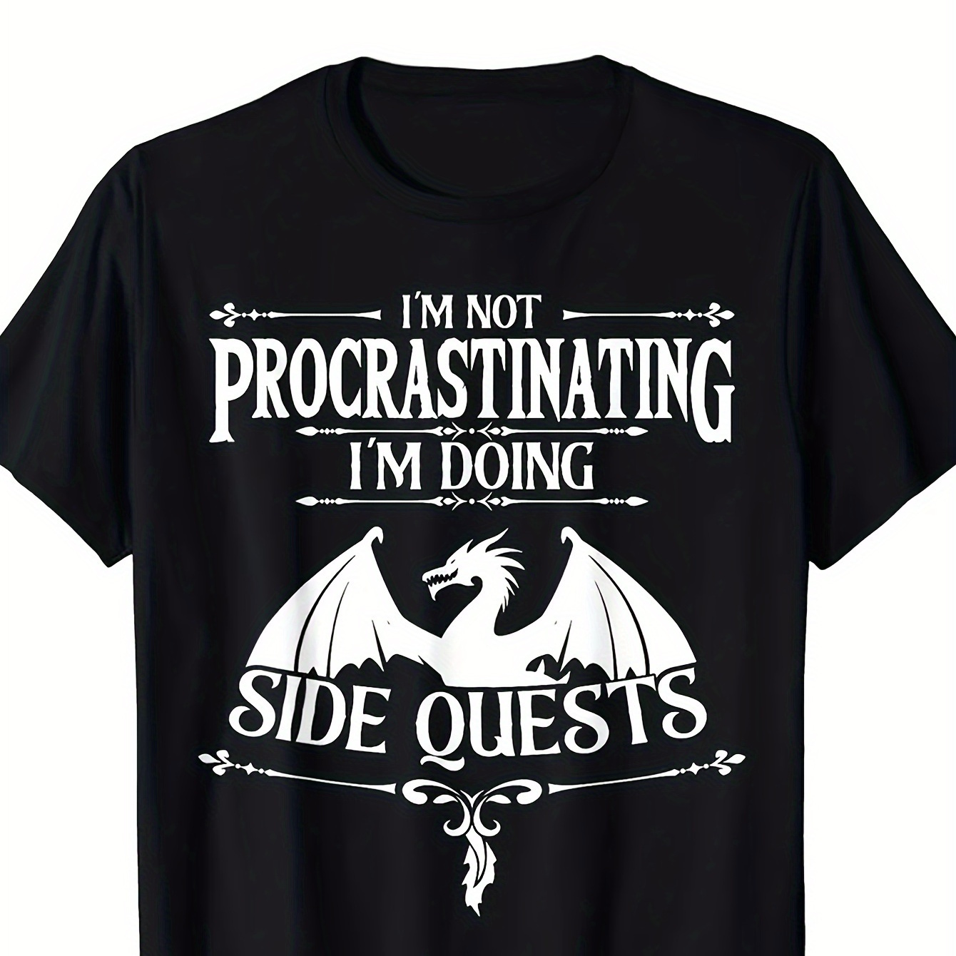 

Polyester Crew Neck T-shirt With Dragon Graphic And "not Procrastinating, Side Quests" Slogan - , Short Sleeve, Regular Fit, Knit Fabric - Summer Collection