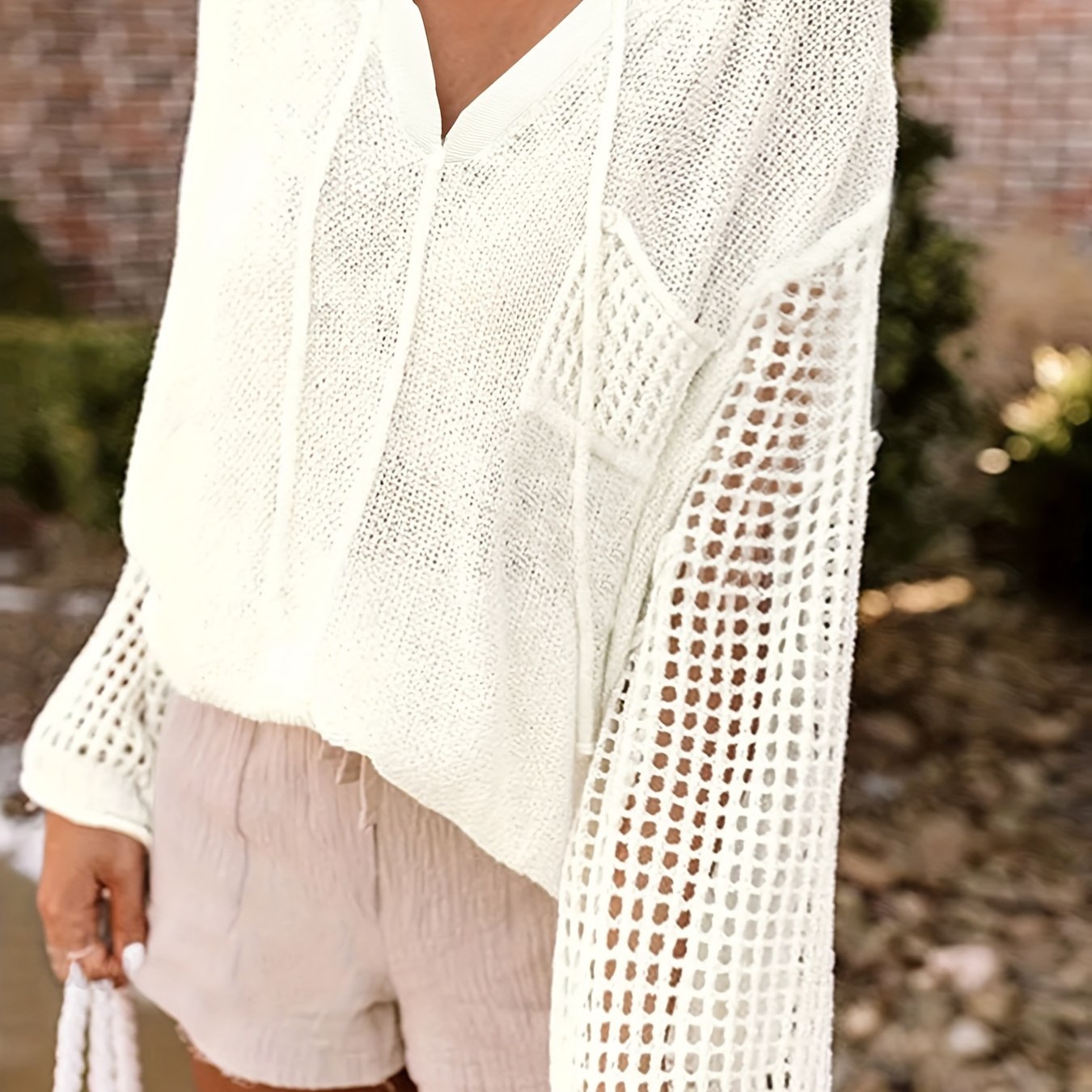 

Hollow Out Drawstring Hooded Sweater, Casual Long Sleeve Loose Pullover Sweater For Spring & Fall, Women's Clothing