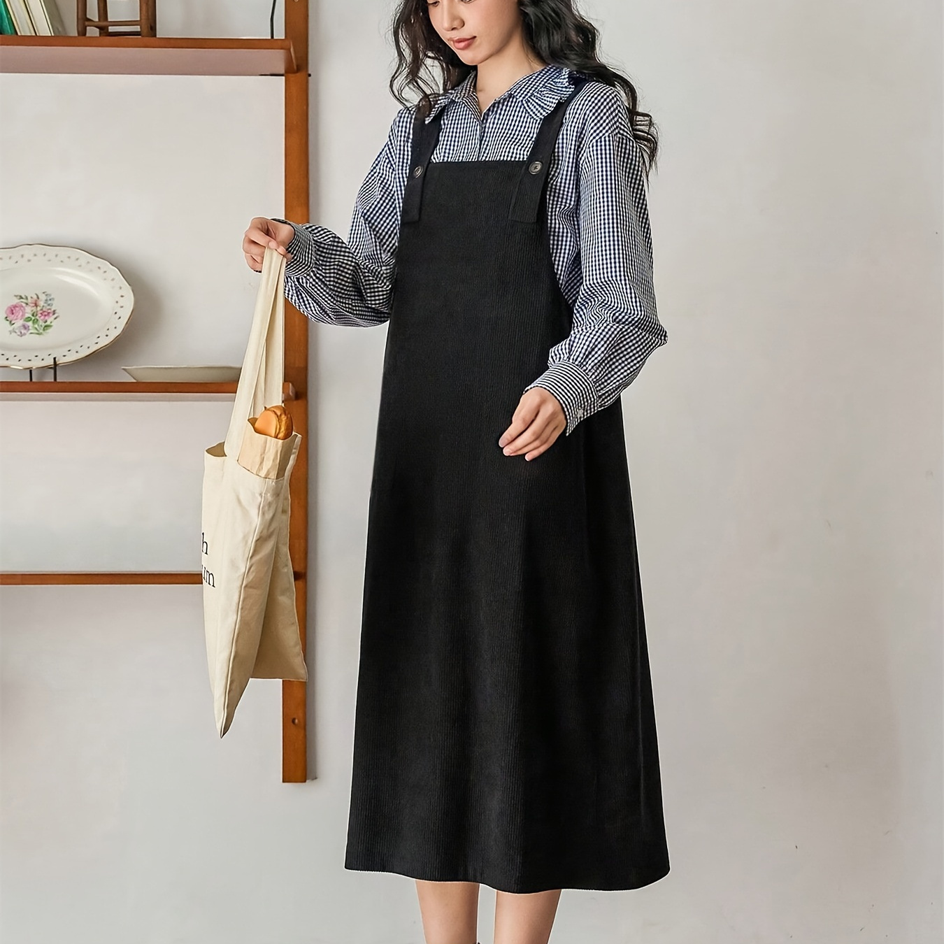 

Women's Casual Polyester Midi Pinafore Dress With Double Pockets, Button Detail, Collarless, Sleeveless, Loose Fit, Straight Hem, Solid Color, Woven - Spring/fall Apparel