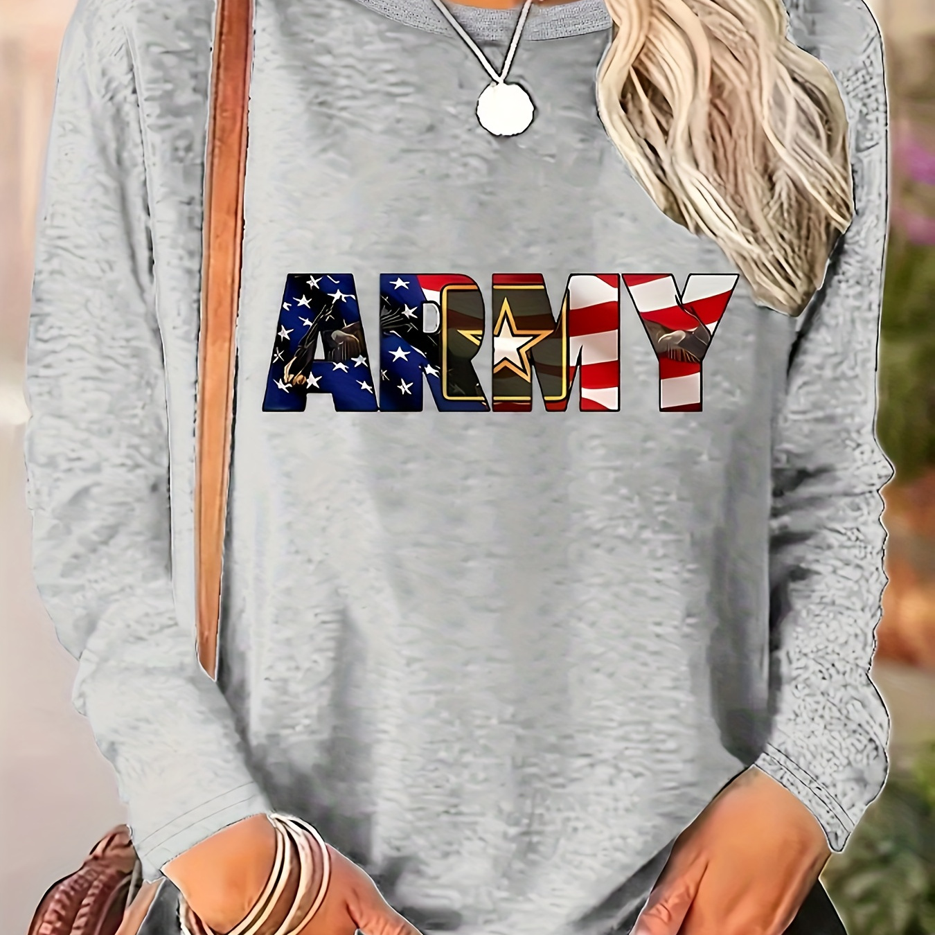 

Women's Casual Crew Neck Long Sleeve T-shirt With Patriotic Army Print, Polyester And Spandex , Slight Stretch Knit Fabric,