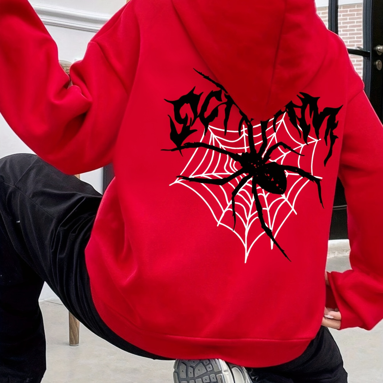 

Spider & Letter Print Kangaroo Pocket Hoodie, Casual Long Sleeve Drawstring Hooded Sweatshirt, Women's Clothing