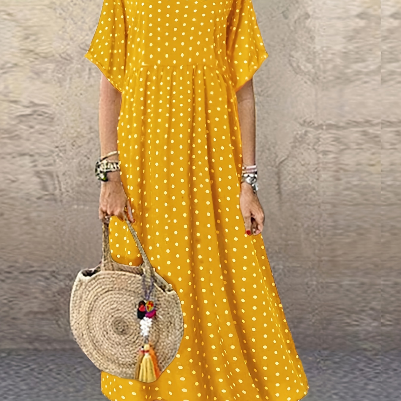 

Plus Size Casual Dress, Women's Plus Polka Dot Print Short Sleeve Round Neck Maxi Dress