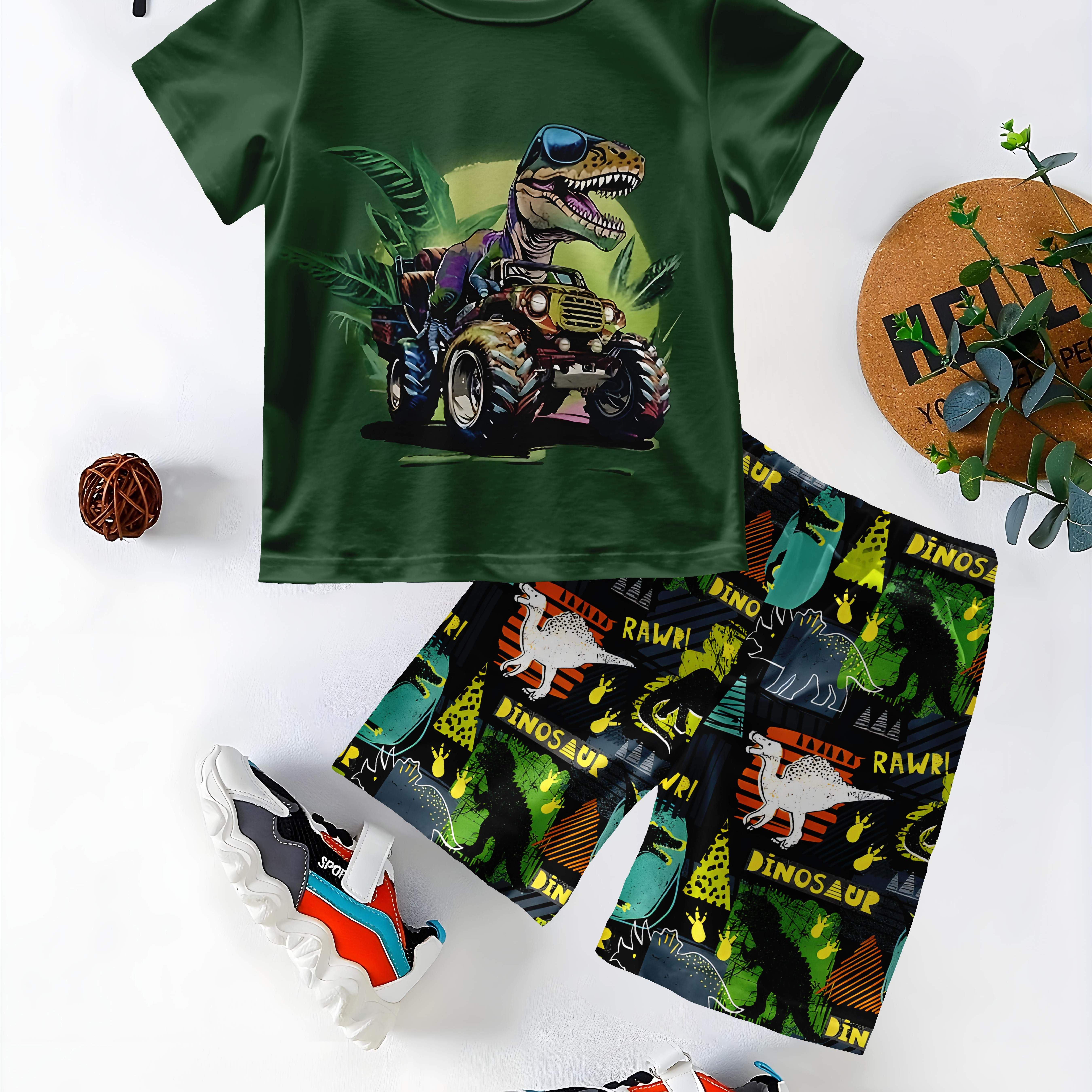 

2pcs Boys' Dinosaur Excavator Graphic Tee & Shorts Set - Comfy Polyester , Casual Summer Outfit With 3d Print, Machine Washable - Ideal For & , Dinosaur Toys, Outdoor