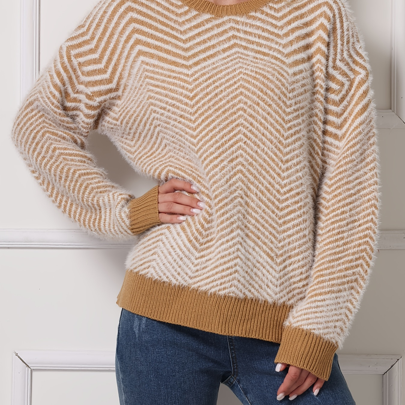 

Chevron Print Knit Sweater, Casual Crew Neck Long Sleeve Sweater, Women's Clothing