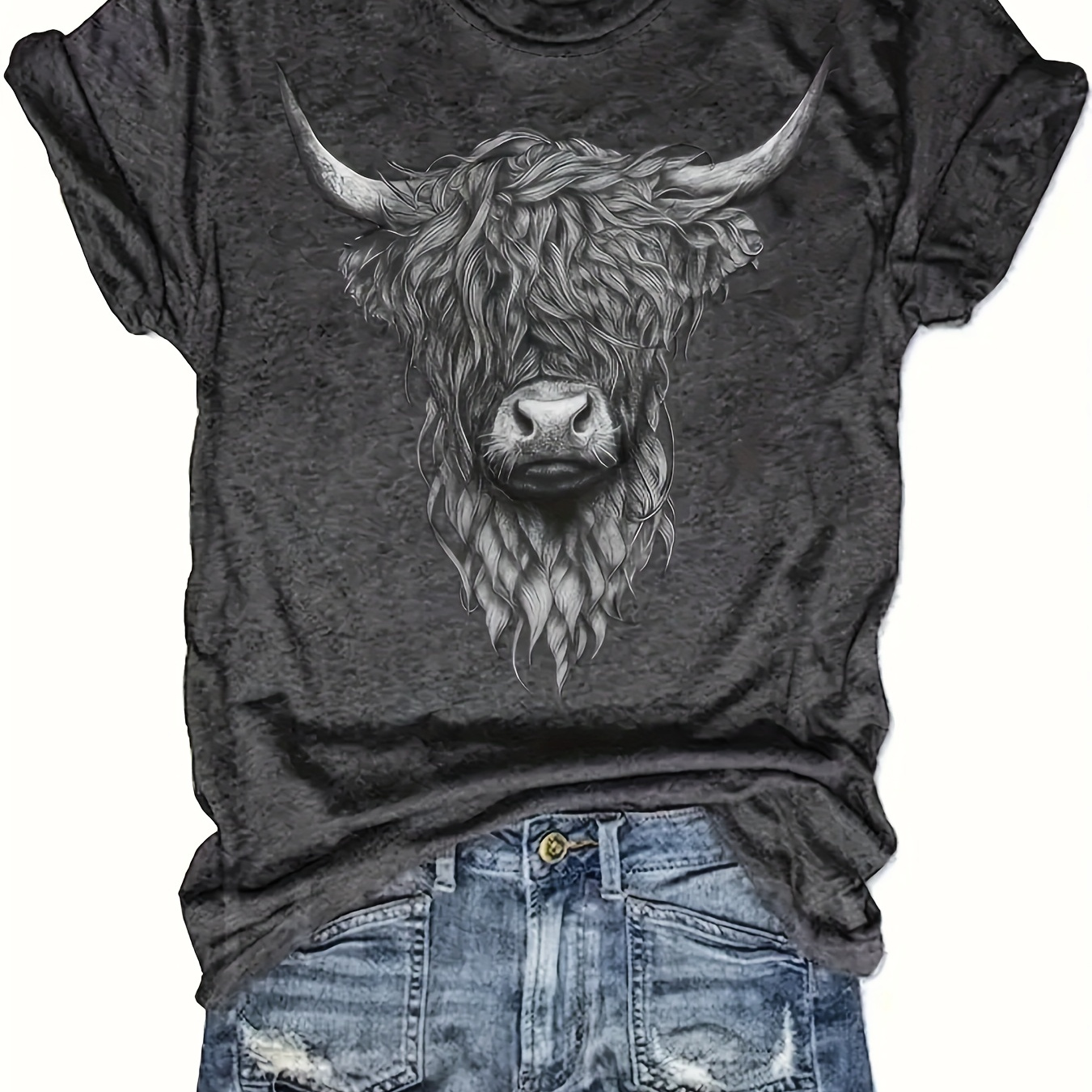 

Cow Head Print T-shirt, Short Sleeve Crew Neck Leisure T-shirt For Spring & Summer, Women's Clothing