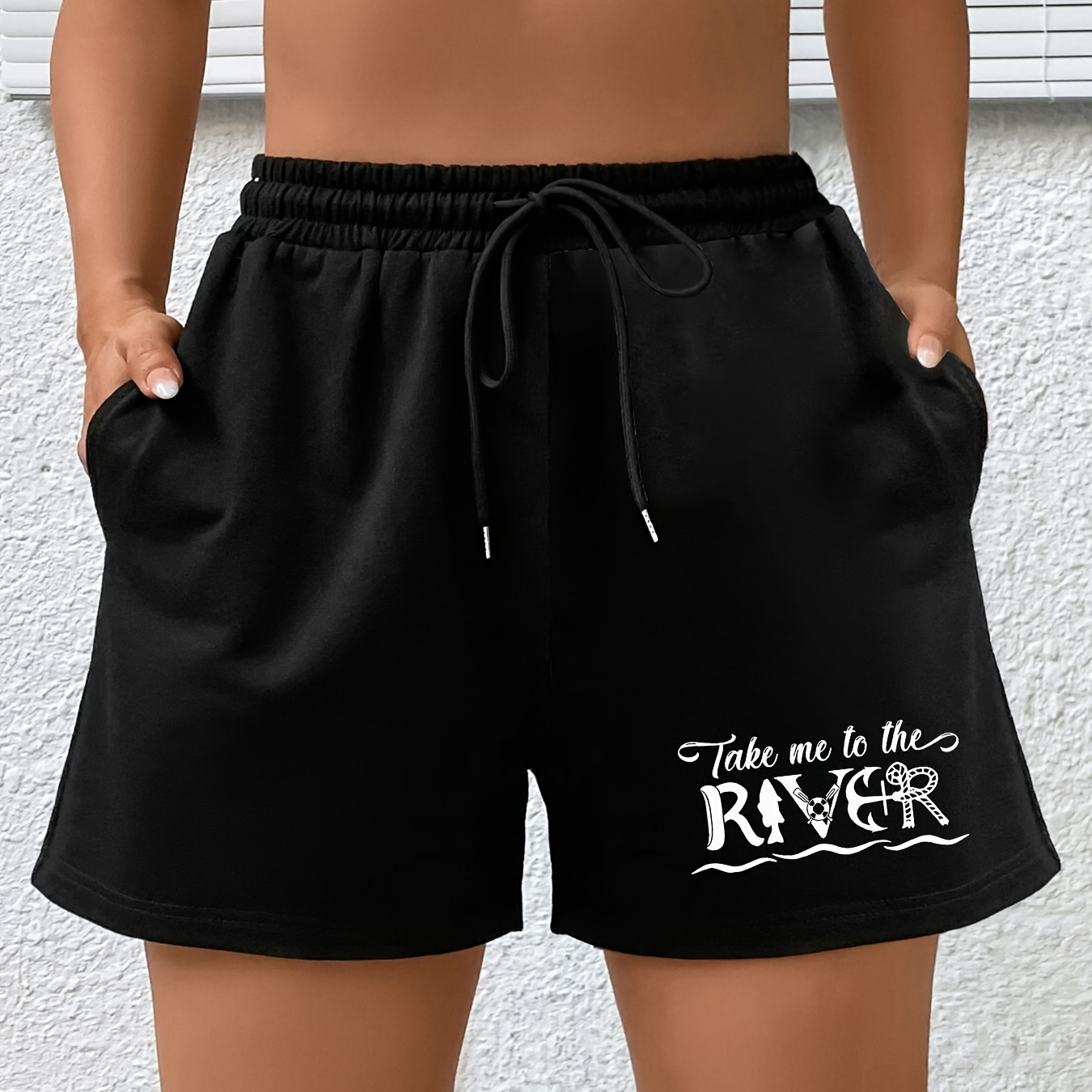 

Women's Plus Sports Shorts, Plus Size Take Me To The River Print Elastic Drawstring High Rise Shorts With Pockets