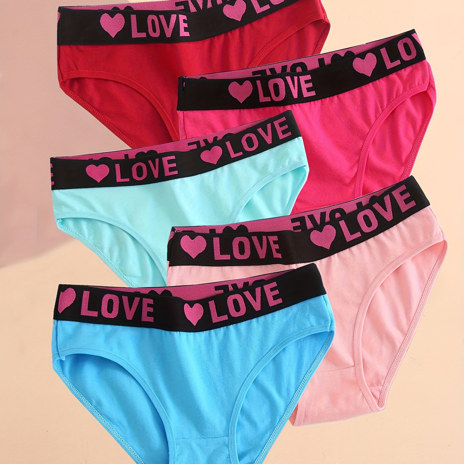 

5 Pack Women's Valentine's Day Simple Panties Set, Plus Size Soft Letter Tape Medium Stretch Breathable Briefs 5pcs Set