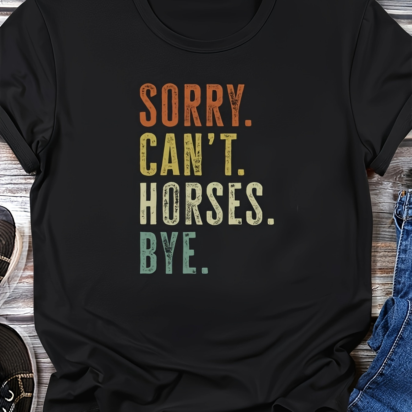 

Horses Bye Print T-shirt, Casual Crew Neck Short Sleeve Top For , Women's Clothing