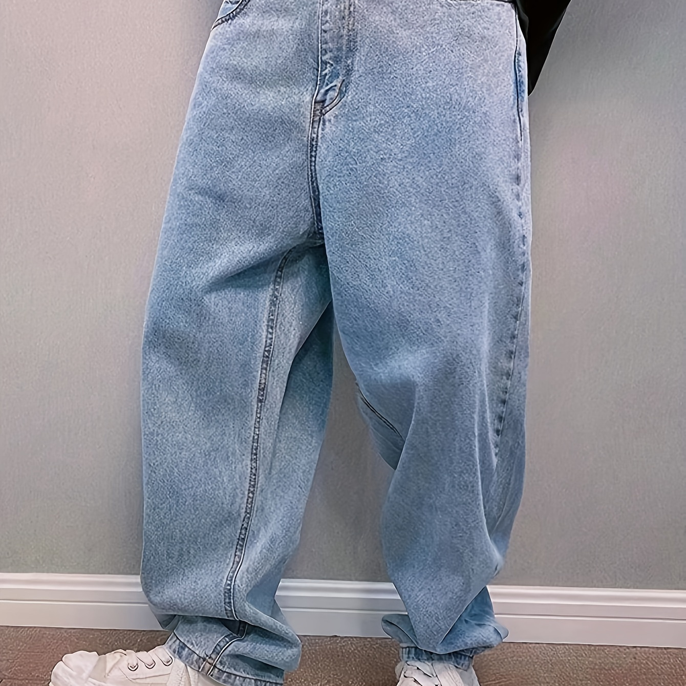 

Teen Straight-leg Casual Denim Jeans, Loose Fit Waist, Washed Non-stretch Cotton-poly Long Pants, Streetwear Skateboard Style, Comfortable Youth Trousers For 8-15