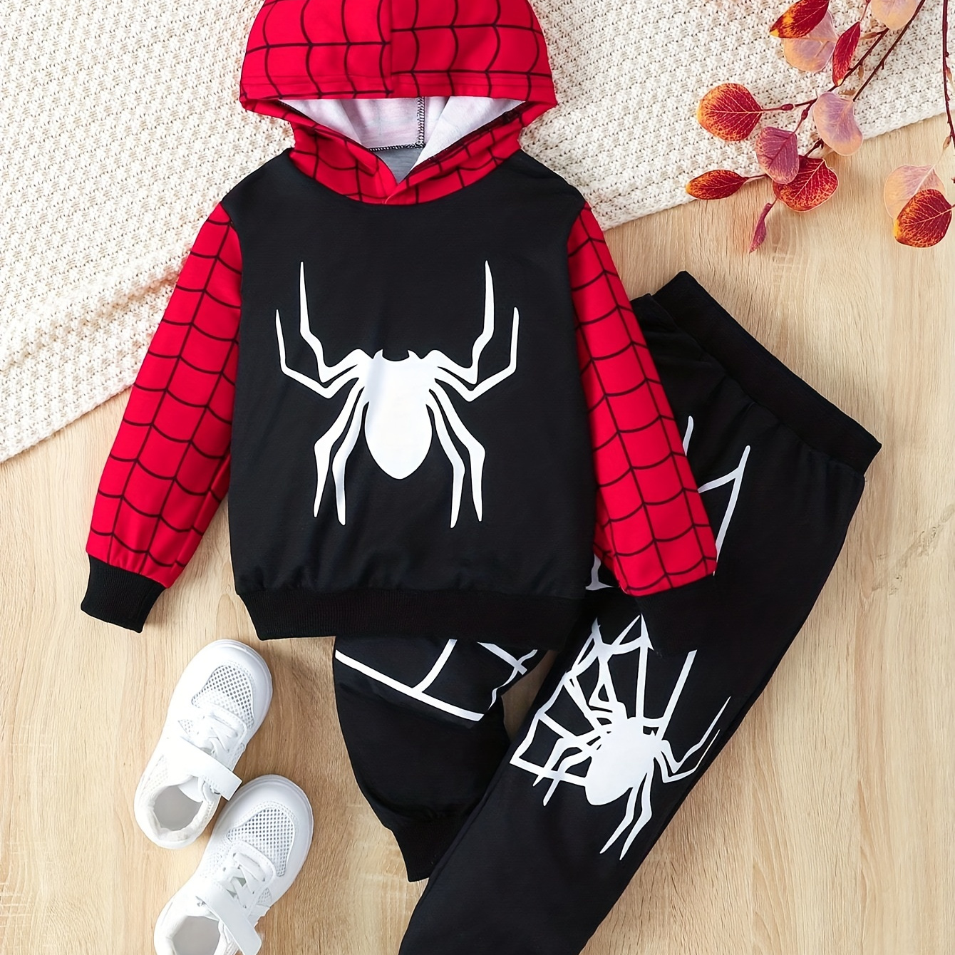 

2pcs Boy's Cartoon Spider Print Outfit, Spider Web Pattern Hoodie & Sweatpants Set, Trendy Hooded Long Sleeve Top, Kid's Clothes For Spring Fall Winter, As Gift