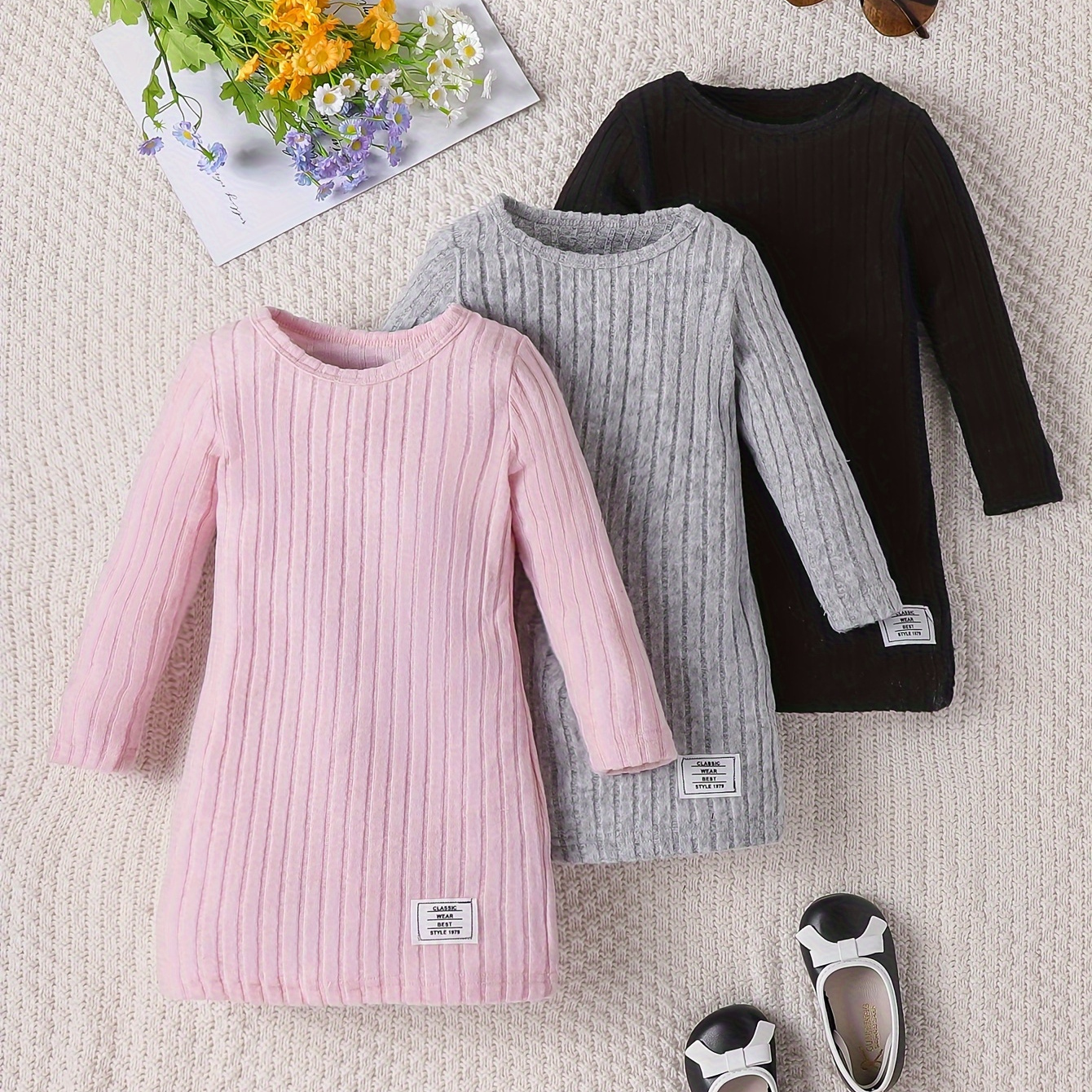 

3pcs Girls Solid Ribbed Knit Dress Set Comfy & Elegant Dresses For Spring Fall Gift