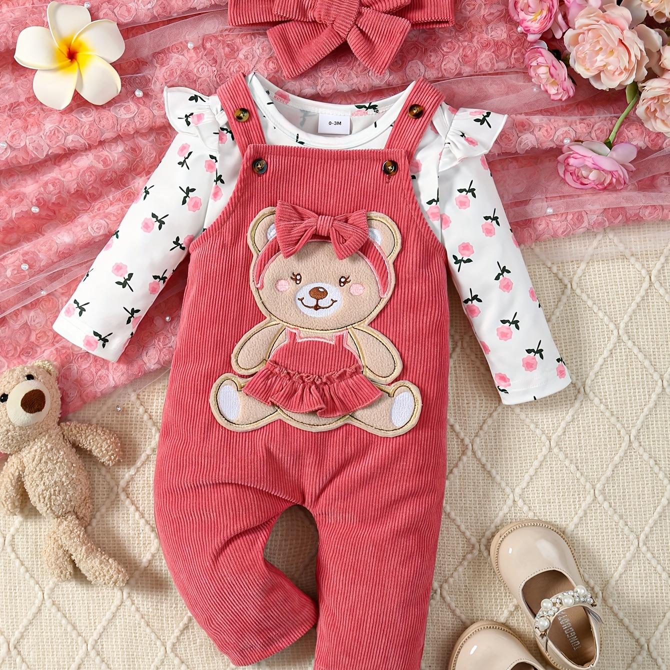 

2pcs Baby's Bow Bear Embroidery Corduroy Overalls + Hairband + Floral Pattern Bodysuit, Toddler & Infant Girl's Clothing Set For Spring Fall