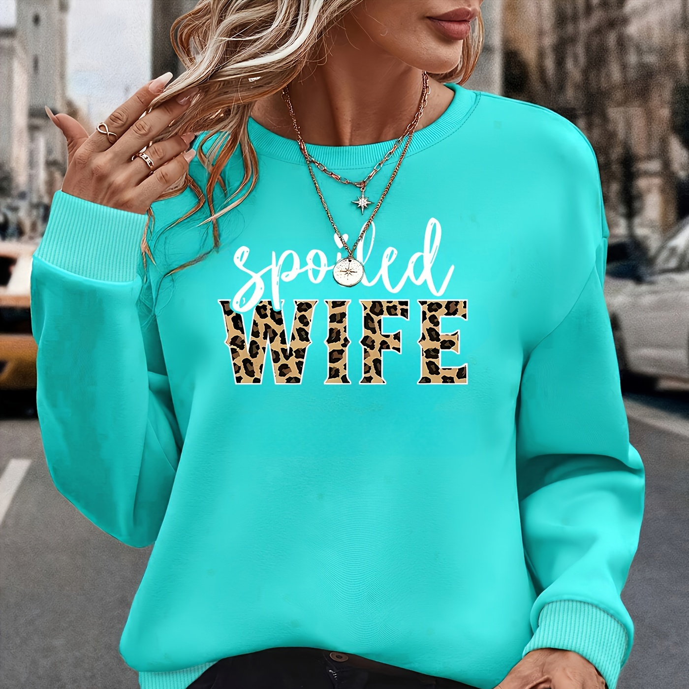 

Women's Elegant Long Sleeve Round Neck Pullover Sweatshirt With Leopard Print Lettering, Polyester Knit Fabric, Fashionable Hoodie For All