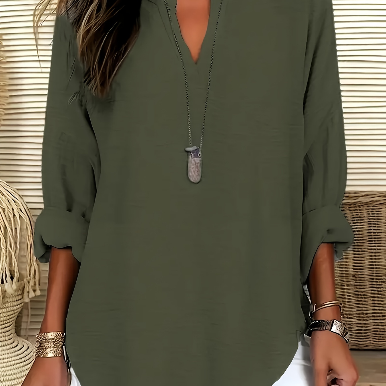 

Plus Size Elegant V-neck Blouse, Polyester , Non-stretch, Solid Color, Regular Fit, Long Relaxed Sleeves, For Casual Weekend Pullover Shirt, Spring/fall