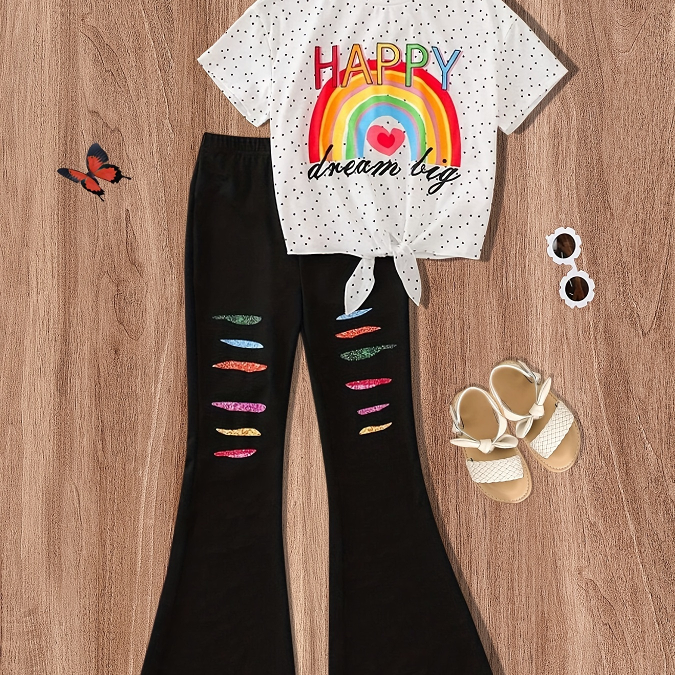 

Girl's 2-piece Happy Rainbow Pattern Tie Knot T-shirt + Bootcut Pants Set - Sweet Fashion Girls Spring/ Summer Outfit