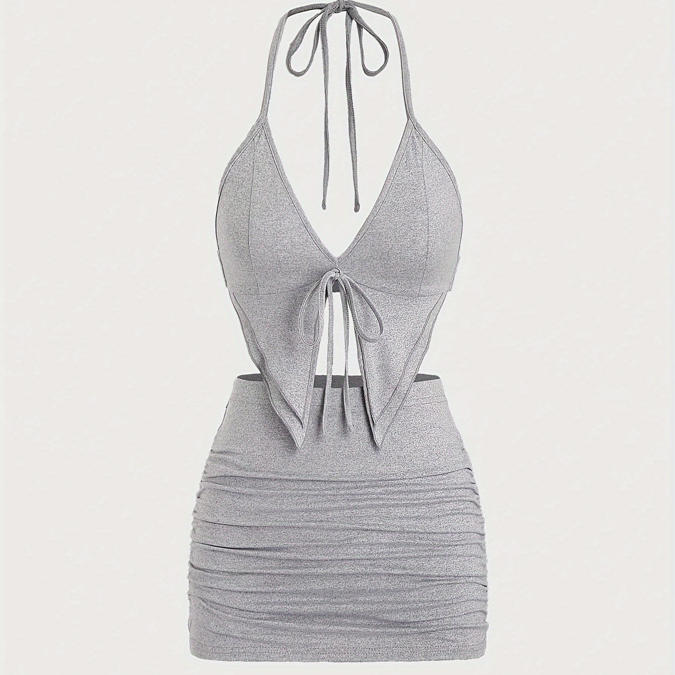 

Solid Color Sexy Skirt Set, Halter Neck Backless Tie Crop Cami Top & High Waist Bodycon Skirt Outfits, Women's Clothing