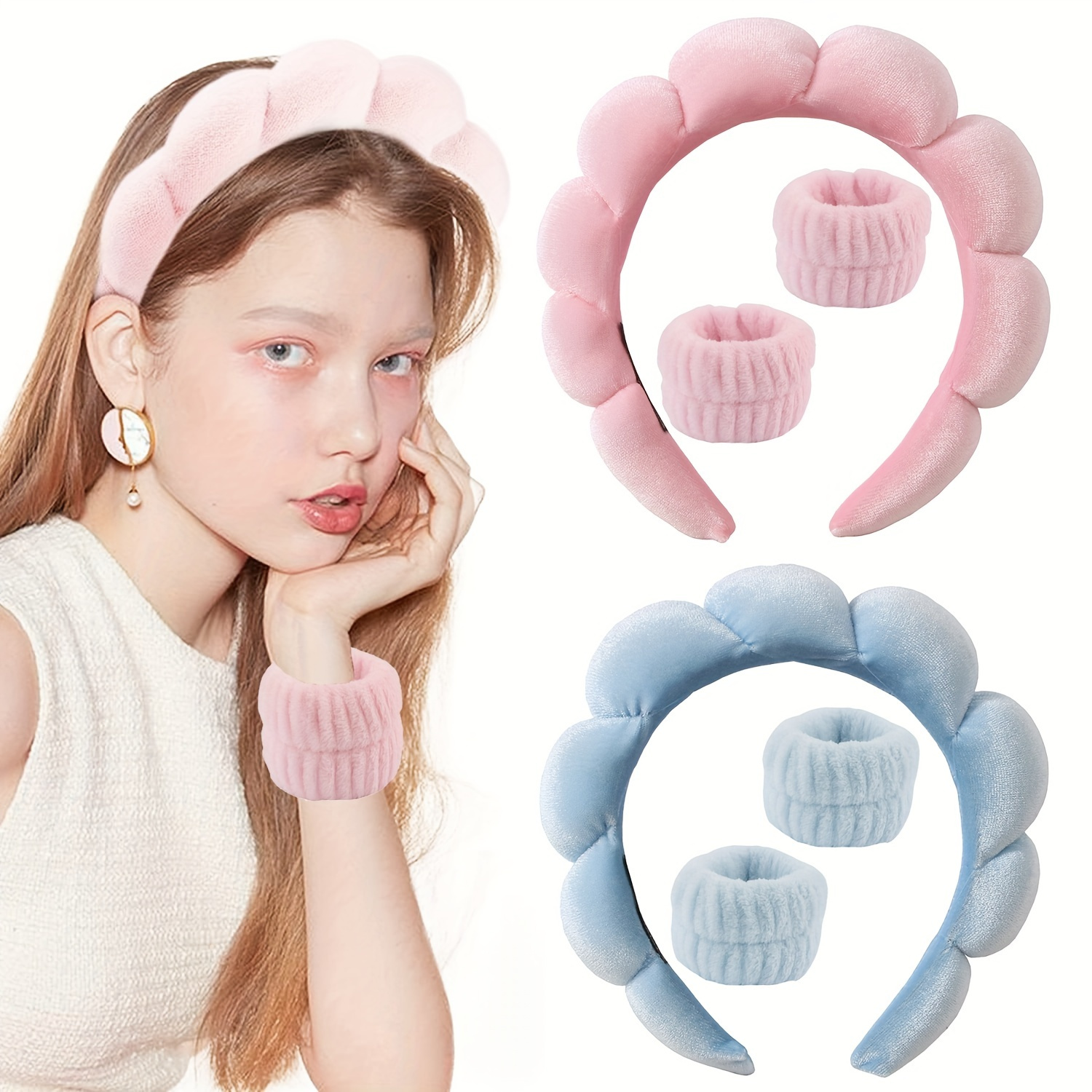 

3pcs/set Puffy Headband With Wristband Sponge Terry Towel Cloth Fabric Headband Set For Washing Face Skincare Spa Wear