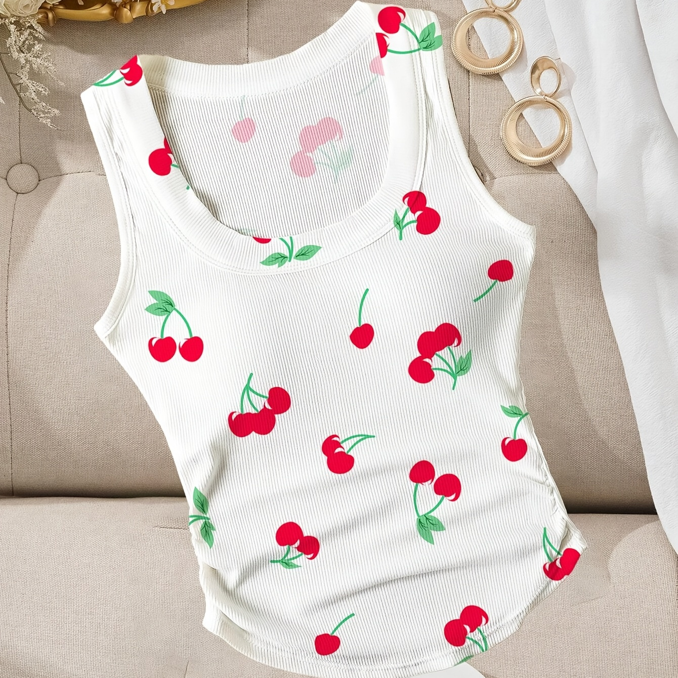 

Cherry Neck Tank Top, Casual Sleeveless Crop Top For , Women's Clothing