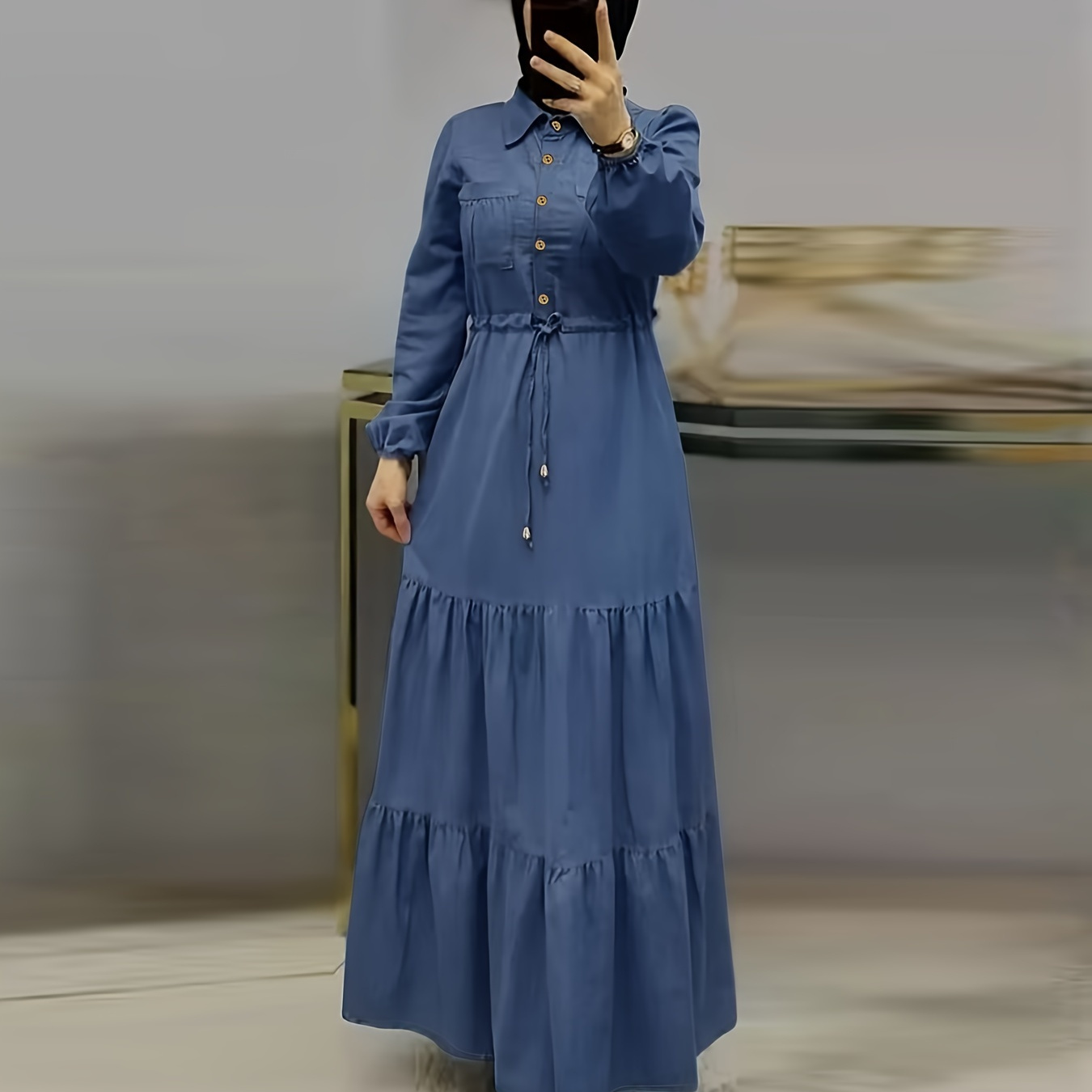 

Ramadan Long Sleeve Shirt Collar Modest Dress, Drawstring Waist Solid Abaya, Women's Clothing