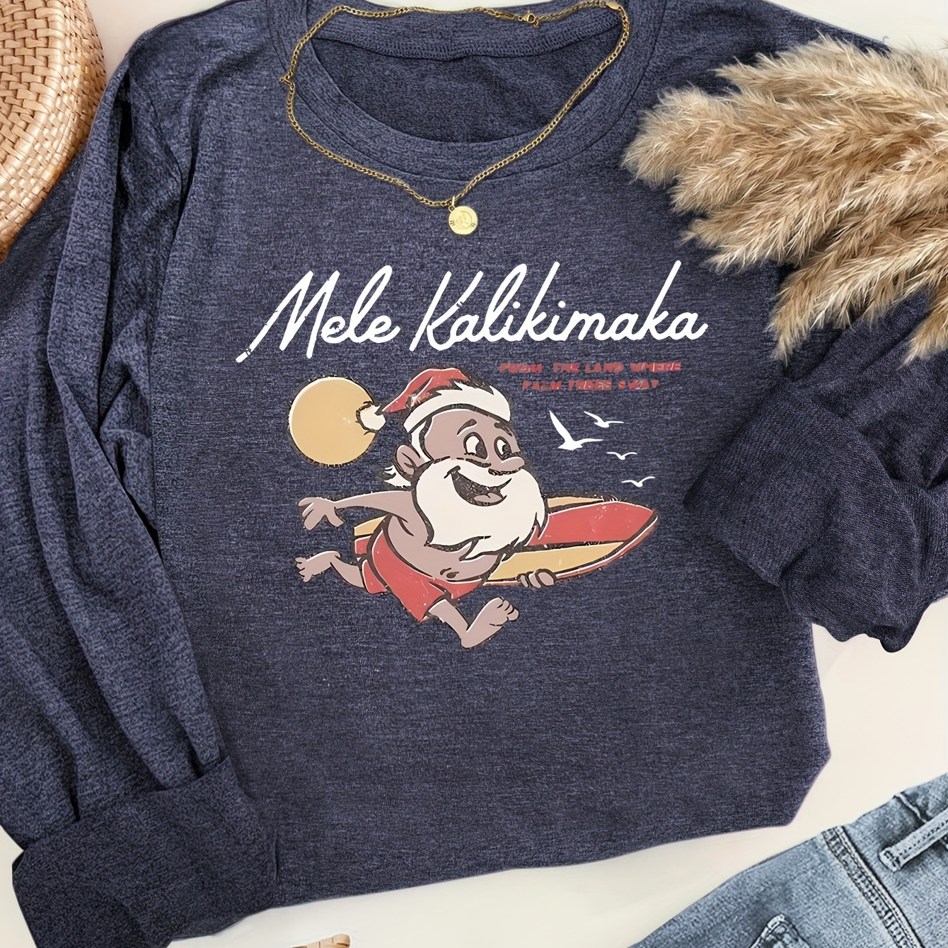 

Christmas Cartoon & Letter Print Comfy T-shirt, Round Neck Long Sleeve Sports Tee, Women's Activewear For Fall & Winter