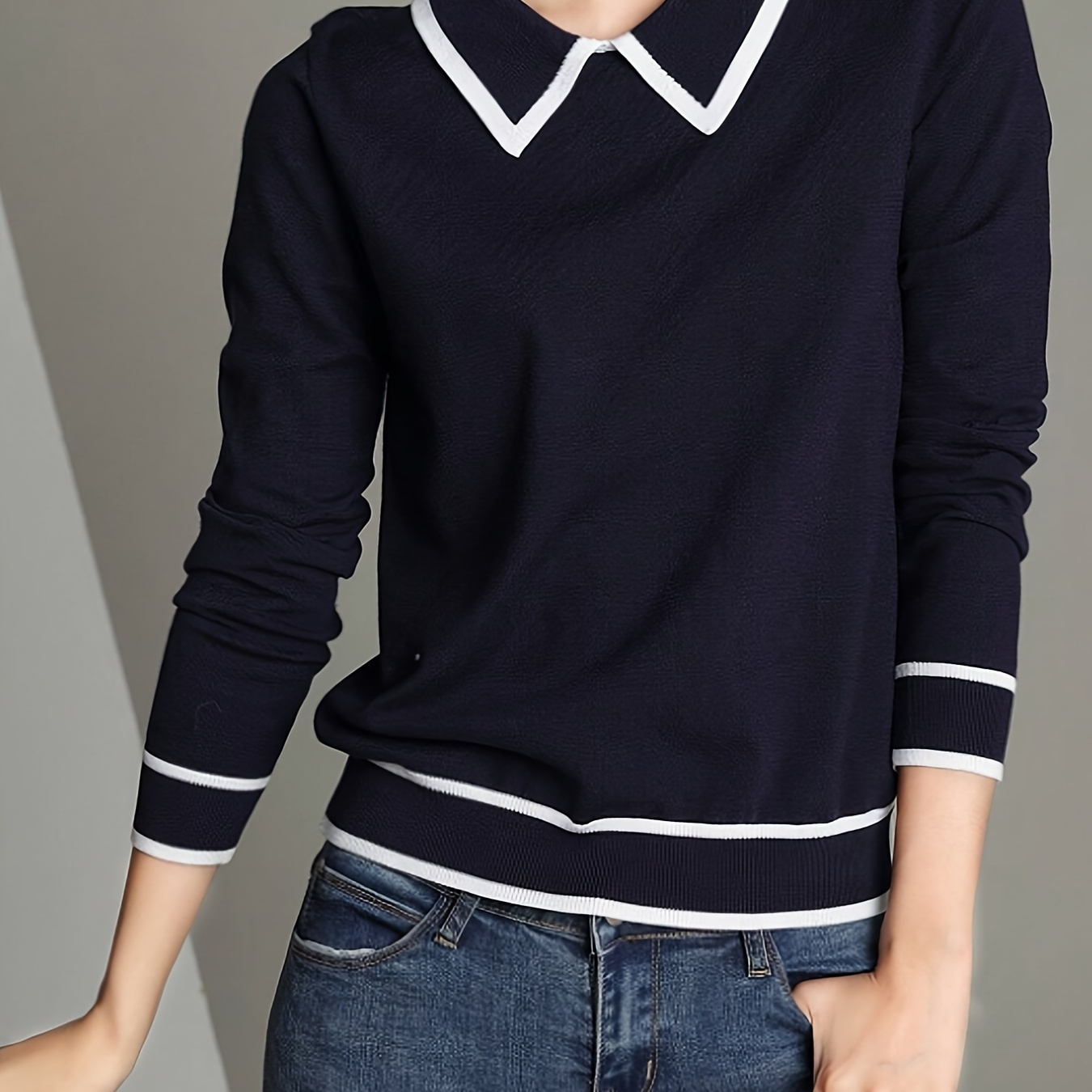 

Women's Chic Navy Blue And White Striped Collared Sweater - Casual Long Sleeve, High-stretch Viscose Blend, Ribbed Detail, , All