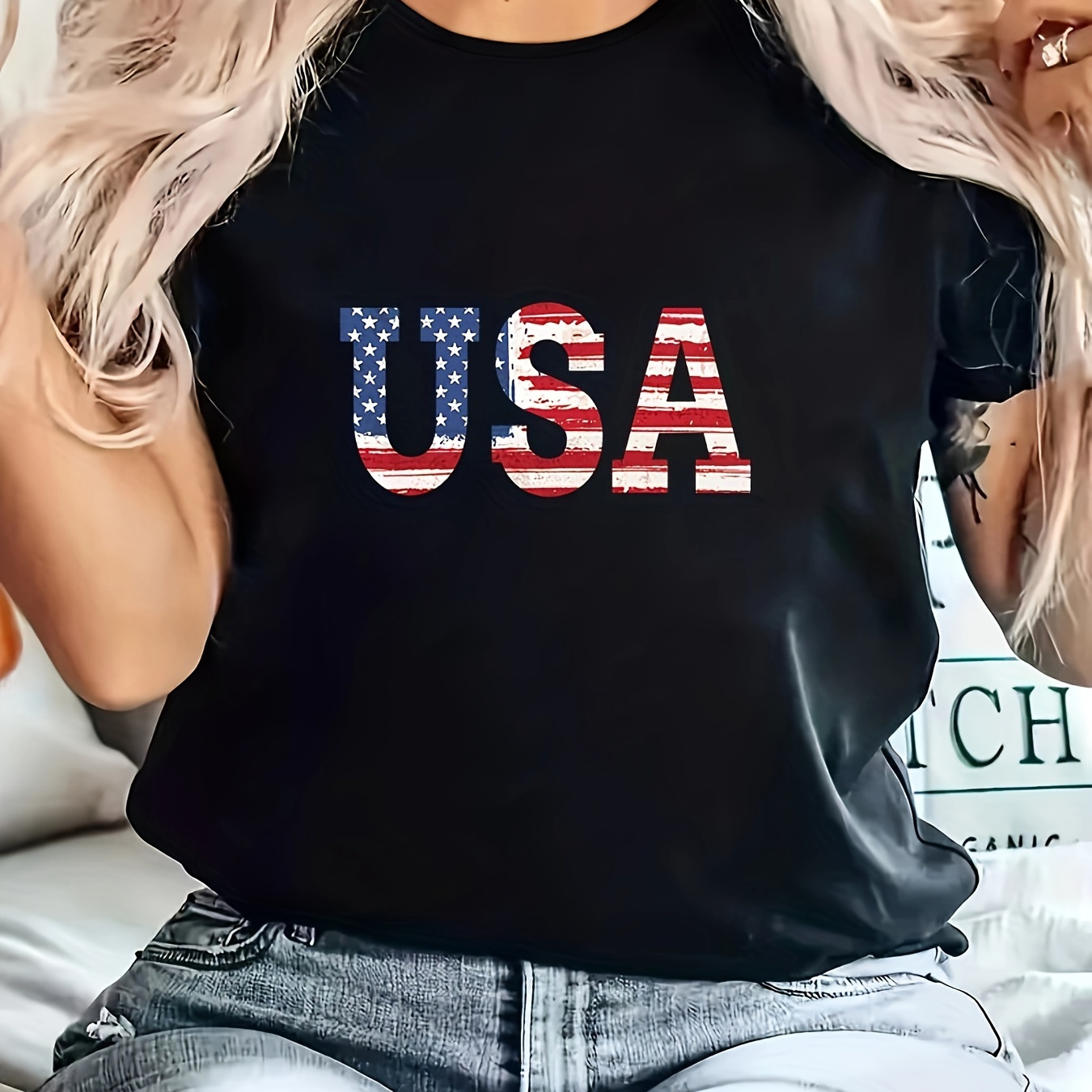 

Usa Letter & Flag Print Casual T-shirt, Round Neck Short Sleeves Soft Sports Tee, Independence Day Women's Comfy Tops