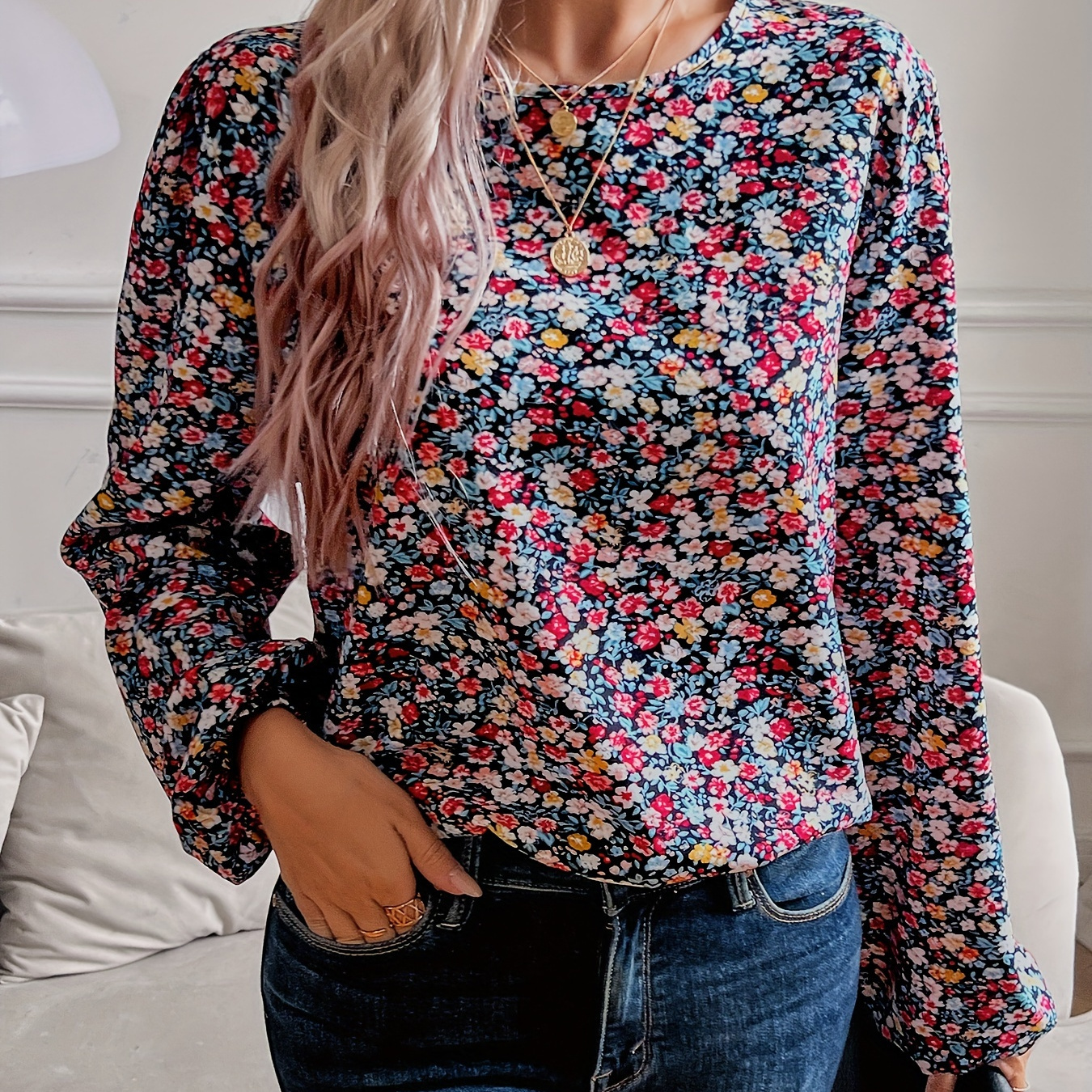 

Floral Print Crew Neck Blouse, Casual Long Sleeve Blouse For Spring & Fall, Women's Clothing