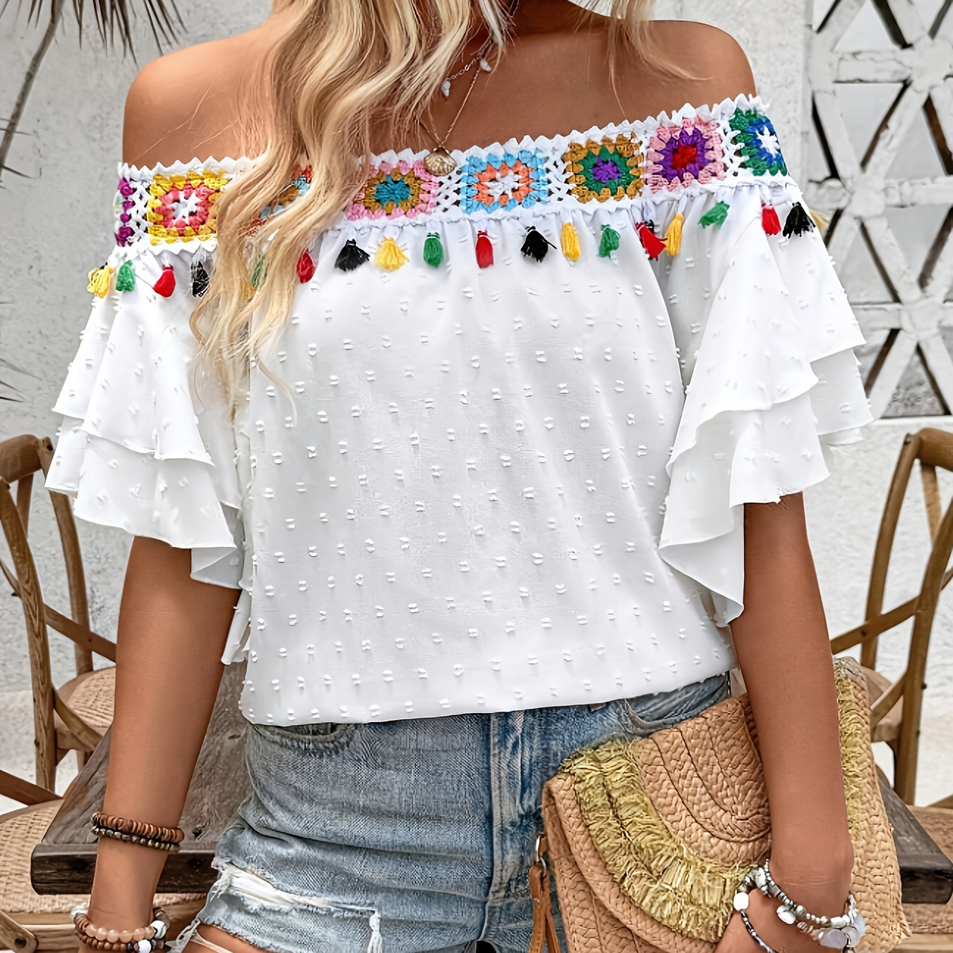 

Women's Elegant Off-shoulder Blouse With Tassel Detail, 100% Polyester Woven Fabric, Fashion Top, 120g/m² - Ideal For Adult Casual Wear