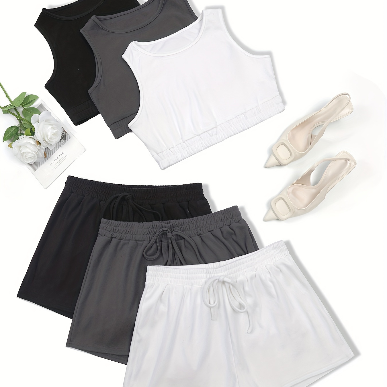 

3 Sets Simple Solid Lounge Set, Lace Up Shorts & Crew Neck Tank Top, Women's Loungewear & Sleepwear